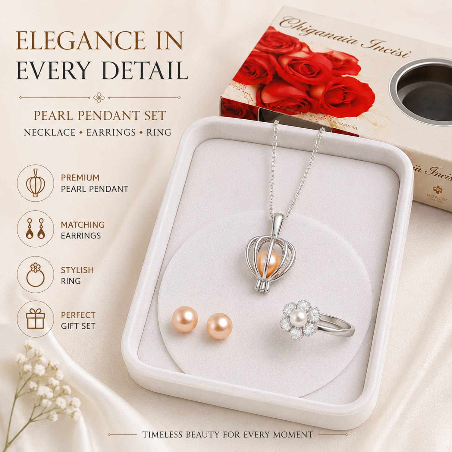 amira Contemporary Pearl Pendant Set with Necklace Earrings Ring Gift Set for Women Mother of Pearl Pendant Set