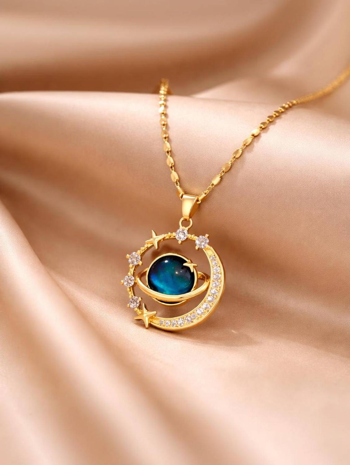Karishma Moon & Star Zircon Pendant Necklace Gold - Image 1