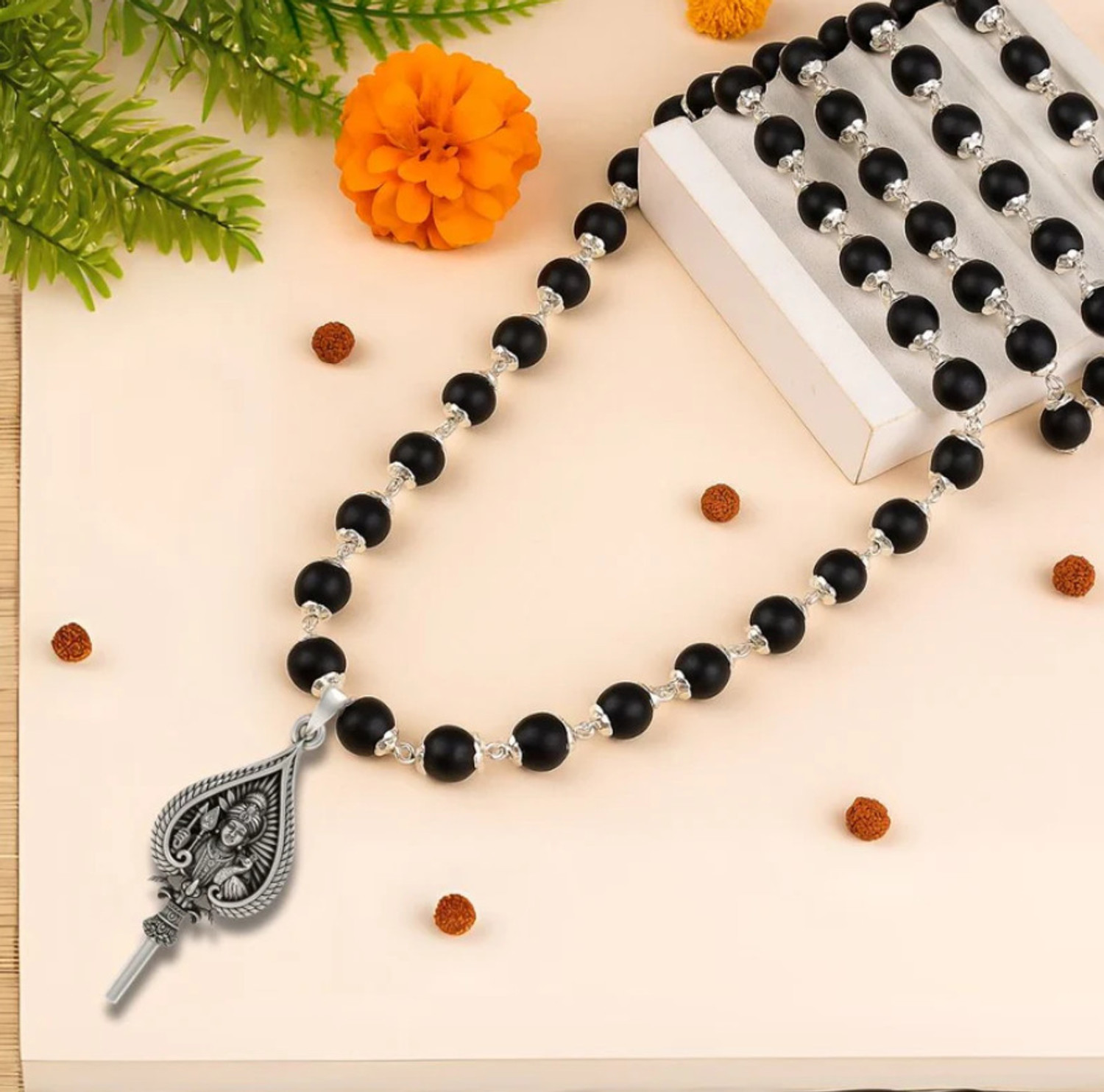 Image of SR HANDICRAFT Original Karungali Mala with Lord Murugan Pendant for Positive Energy|Protection Wood, Silver