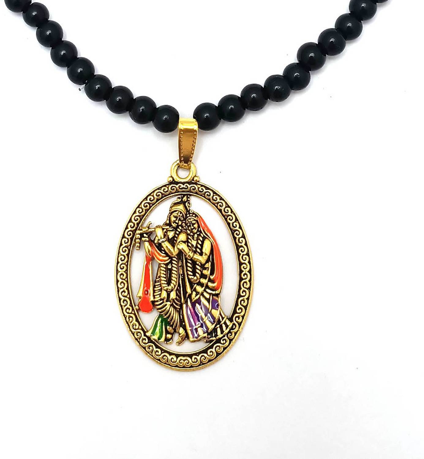 Ambhira Stylish Radha Krishna Locket Bead Black Onyx Crystal Mala Onyx Brass, Crystal Locket Set