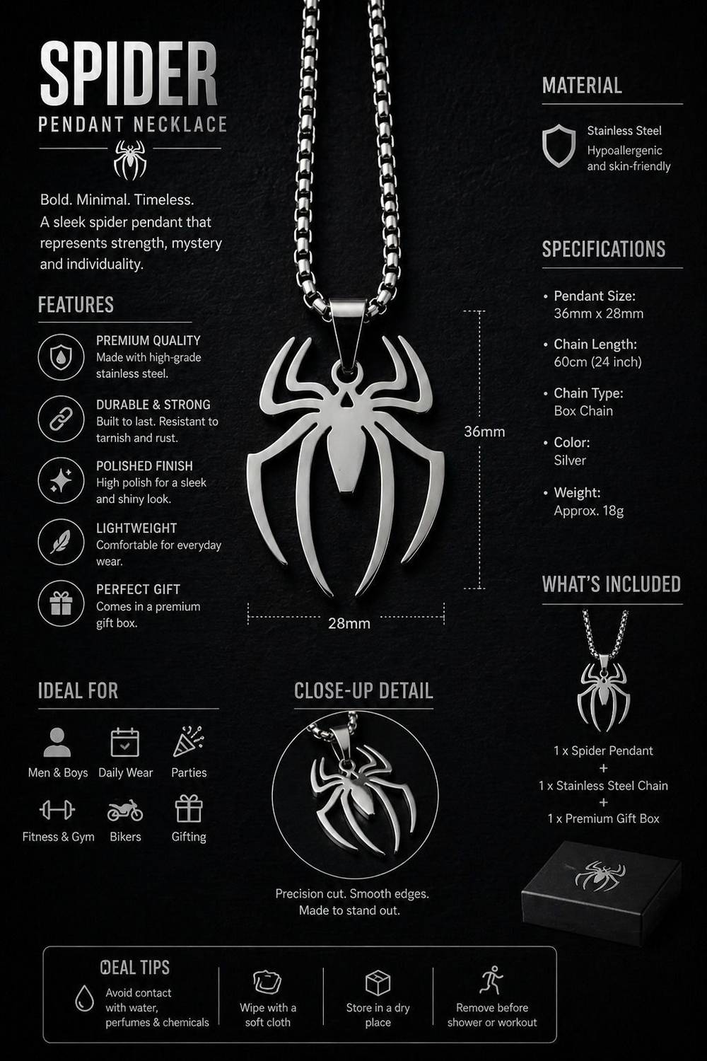 Murliwala Spider Pendant Necklace (Silver) - Image 3