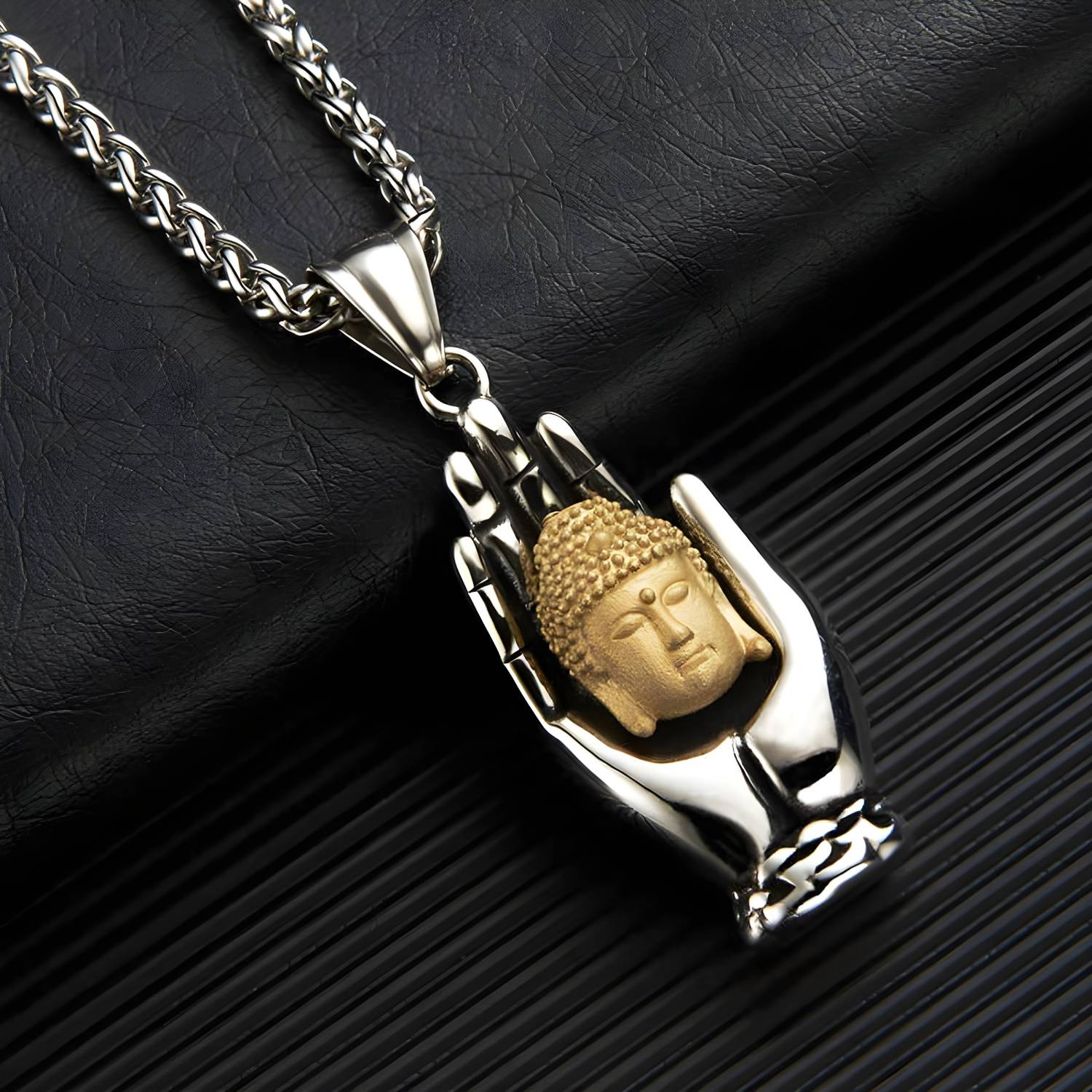 LB Fashion Buddha Head Hand Palm Peace Amulet Pendant Necklace 