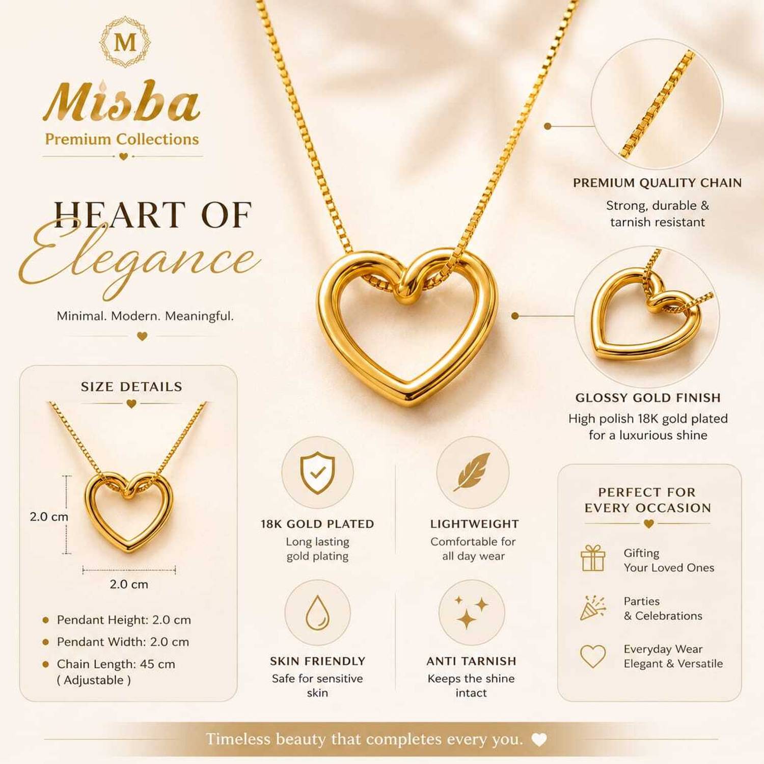 Misba 18K Gold Plated Stainless Steel Heart Pendant Necklace - Image 4