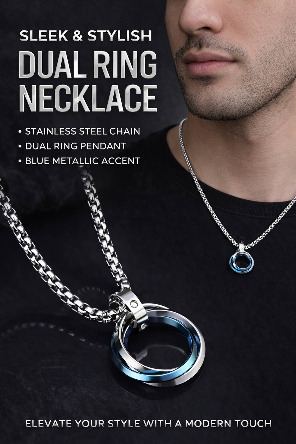 Ridhvik Men’s Dual Ring Blue Pendant Necklace - Image 4