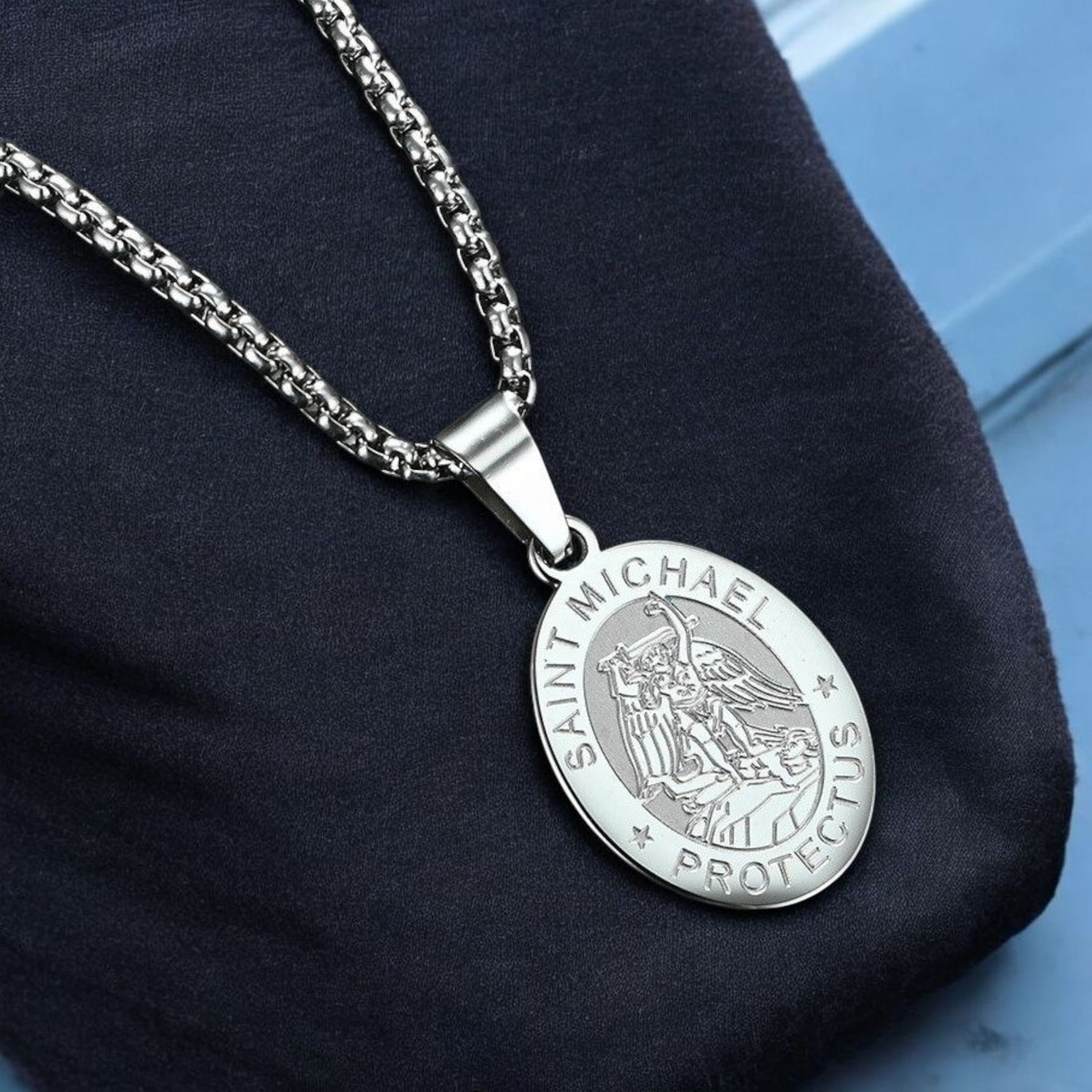 Image of MYKI Anti-Tarnish Saint Michael Oval Pendant - Silver Silver Stainless Steel Pendant
