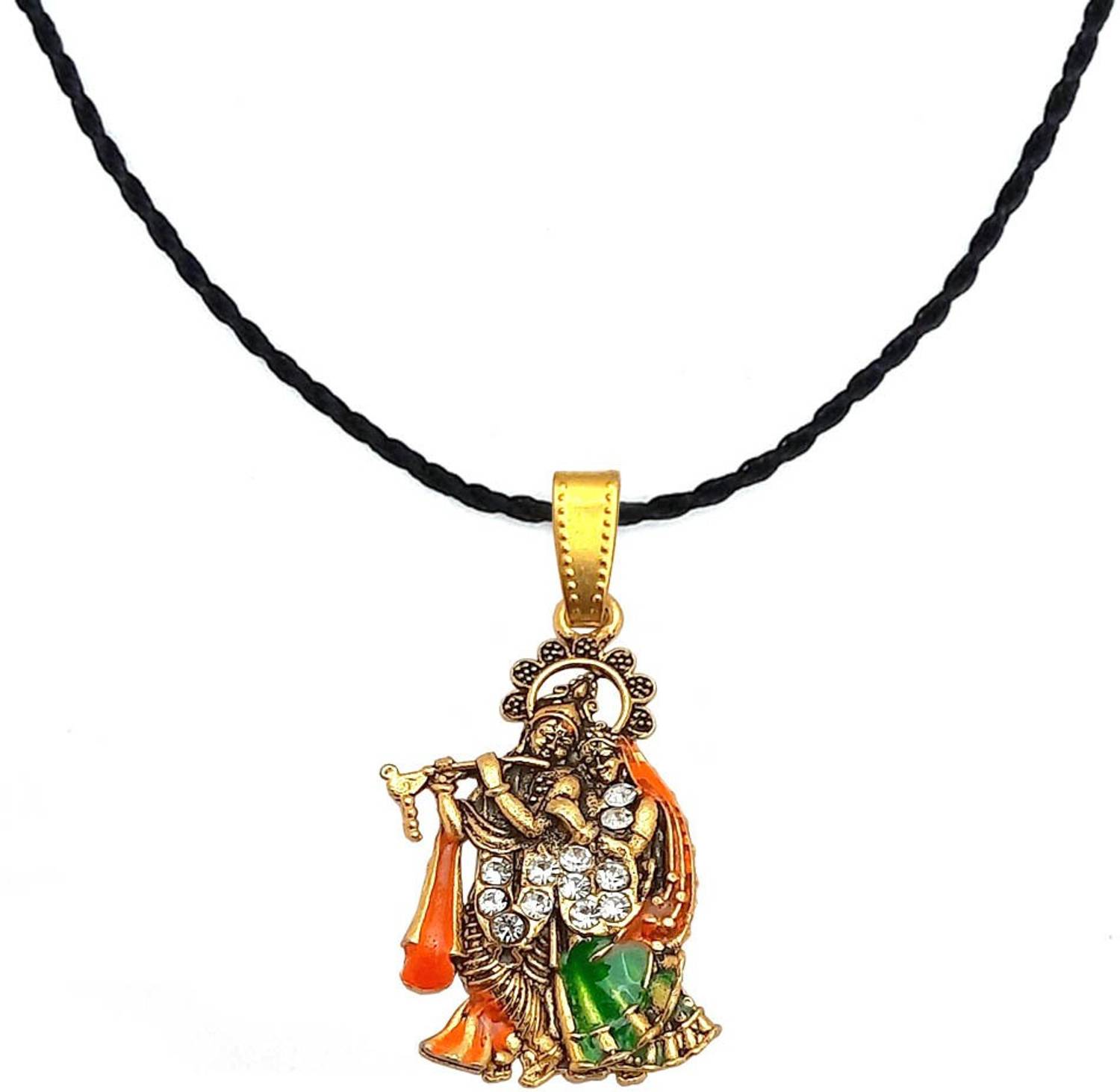 Ambhira Religious Lord Radha Krishna Pendant For Men & Women Gold-plated Brass, Silk Dori Pendant Set