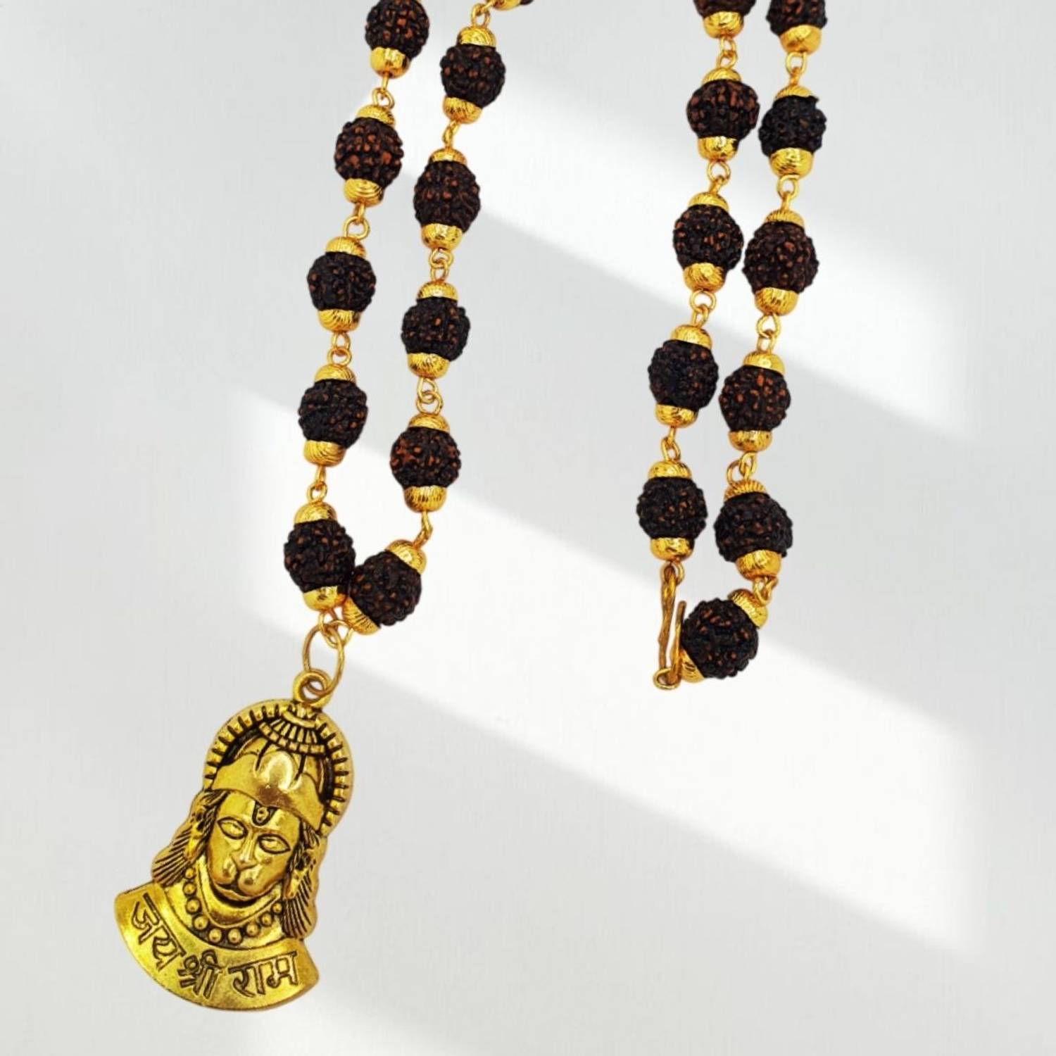 Banke Collection Panchmukhi Rudraksha Mala with Hanuman Ji Pendant for Men Women Boys Girls Gold-plated Beads Brass, Wood Pendant