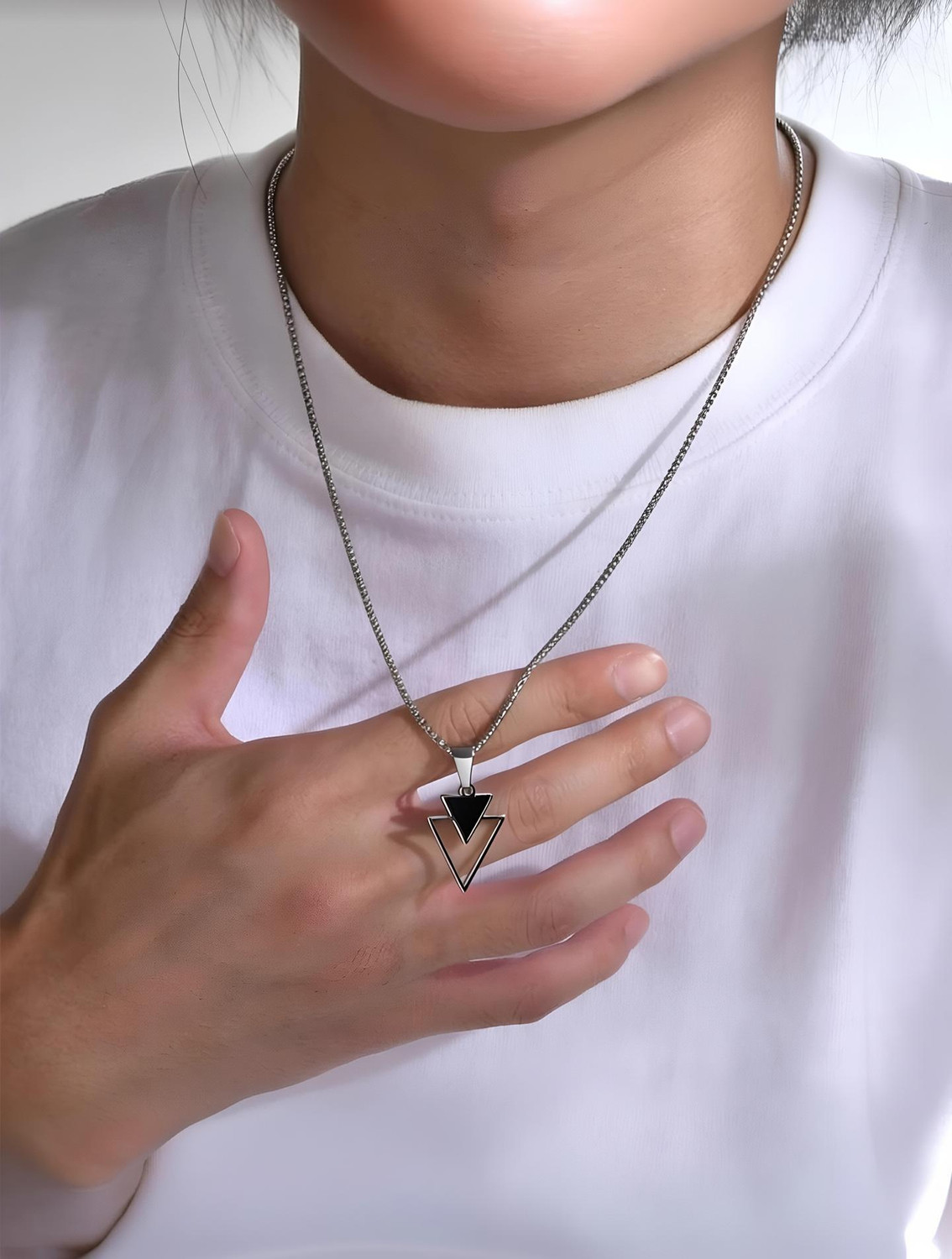 Image of Ruhi Collection Men's Geometric Double Traingle Silver Pendant with Chain Silver Alloy, Stainless Steel Pendant