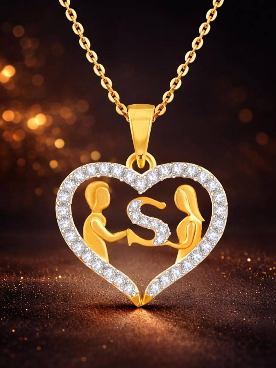 Aurvix Golden Soulmate Heart Couple Pendant Necklace Gold-plated Cubic Zirconia Brass Pendant