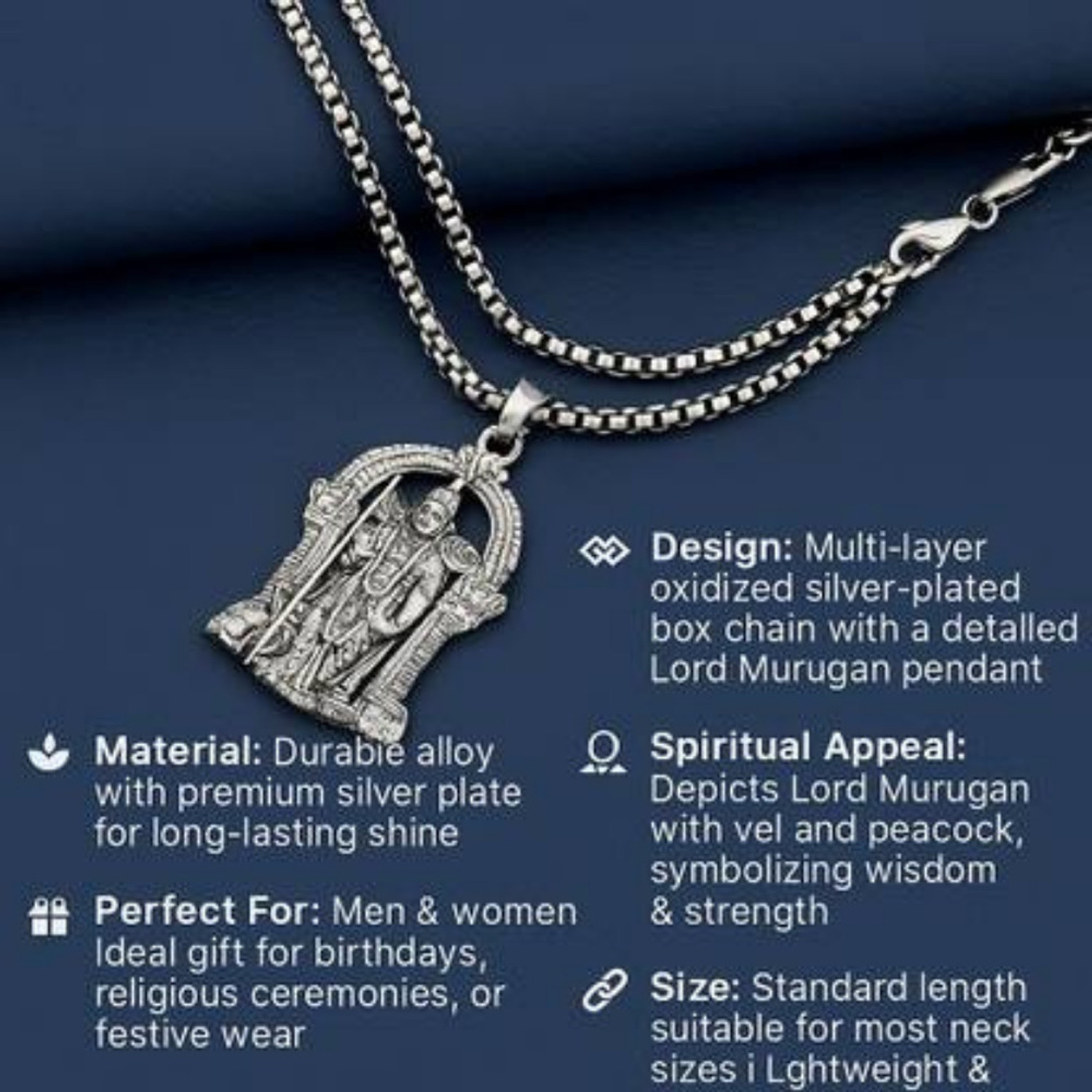 Image of Growola Oxidised Silver-Plated Murugan Pendant Chain for Men & Women Rhodium Brass Pendant Set