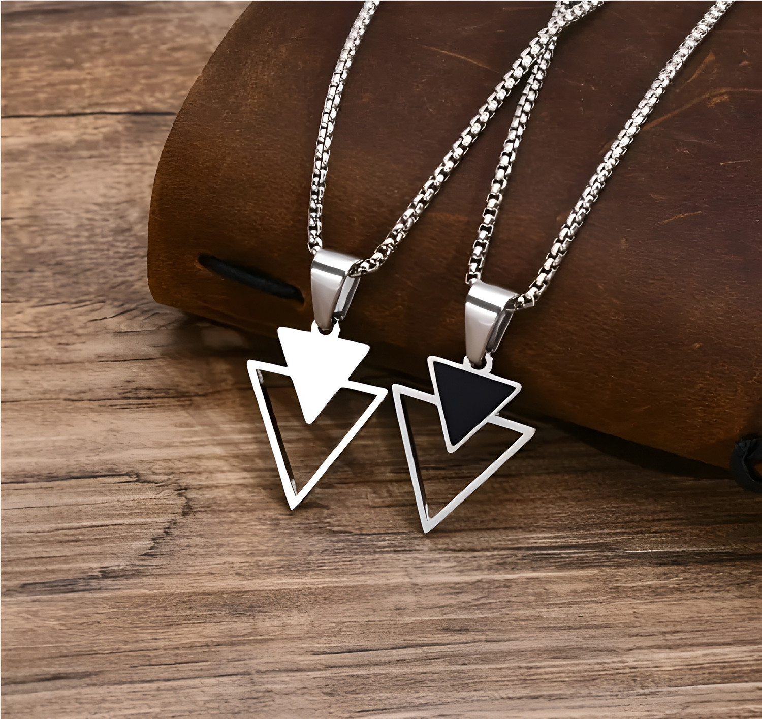 Image of Ruhi Collection Men's Geometric Double Traingle Silver Pendant with Chain Silver Alloy, Stainless Steel Pendant