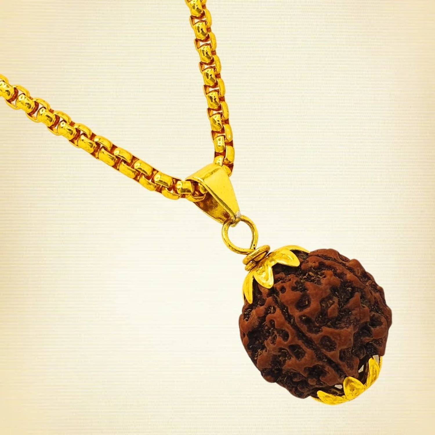 HAPPY CREATION 5 Mukhi Rudraksha five Faced panch Nepali Rudraksh Bead Original and Certified Gold-plated Beads Brass, Wood Locket Set