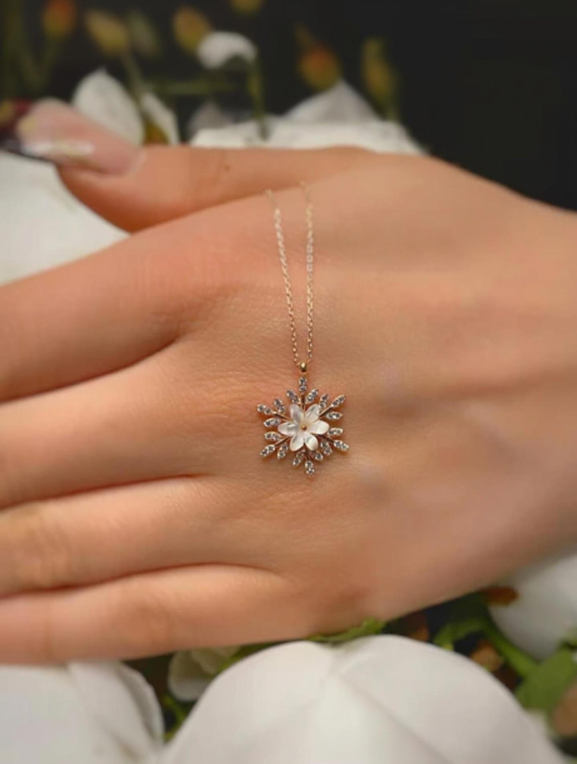 Image of Zarkan Certified | 925 Hallmark | Silver Snow Flower Rose Gold Pendant Rhodium Cubic Zirconia Silver Pendant