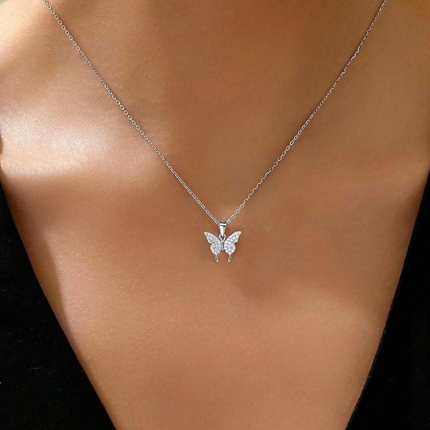 Image of Zarkan Zarkan 925 Hallmarked Silver Butterfly Necklace With Link Chain Rhodium Cubic Zirconia Sterling Silver Pendant