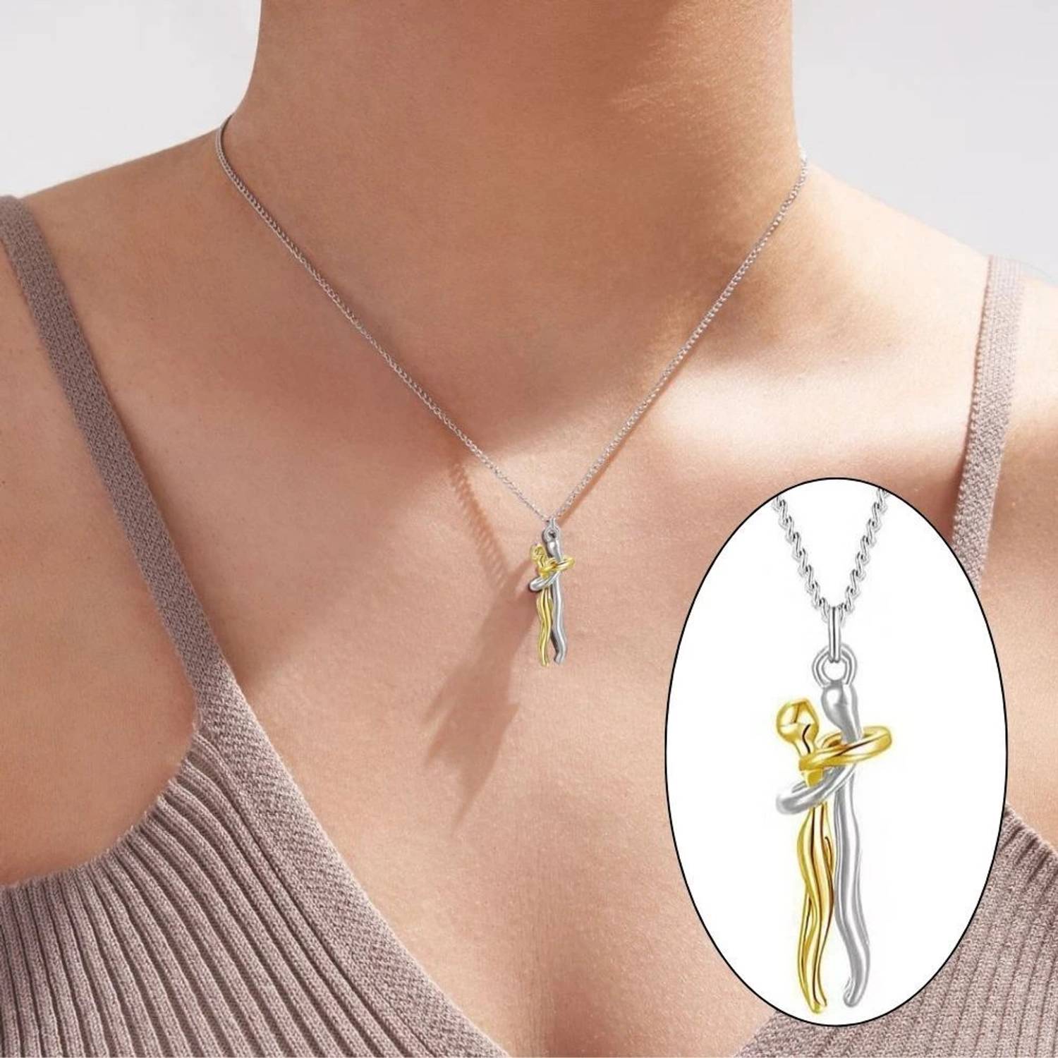 AMRHA Loving Couple Hugging Pendant Necklace Stainless Steel Silver Alloy Pendant