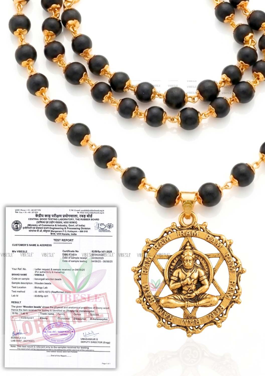 Image of VIBESLE Karungali Malai with Hanuman Kavach Pendant | Karungali Mala Original 54 Beads Beads Wood Locket