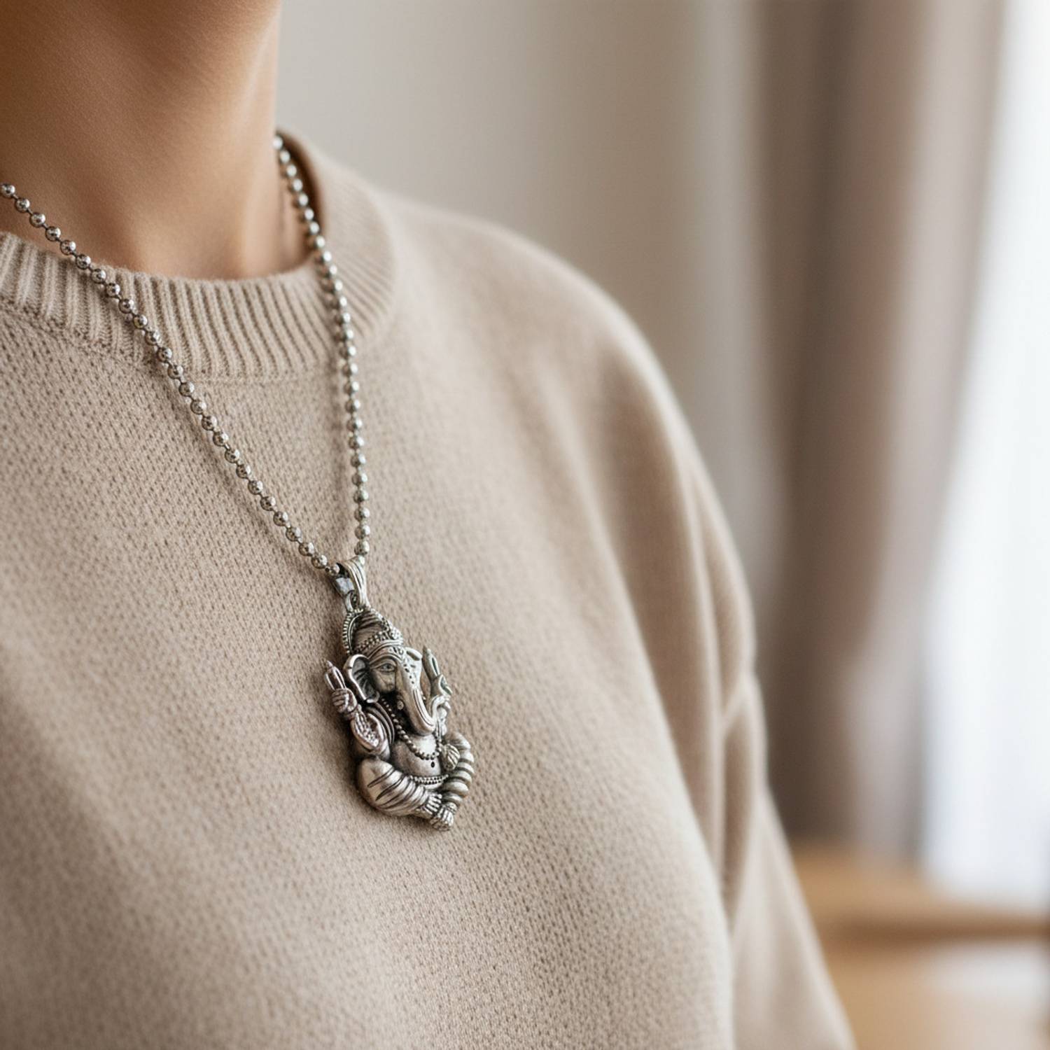 Abhiora Fashion Lord Mahaganpati Ganesh Bead Chain Grey Metal Chain Pendnet for Men and Women Metal Pendant