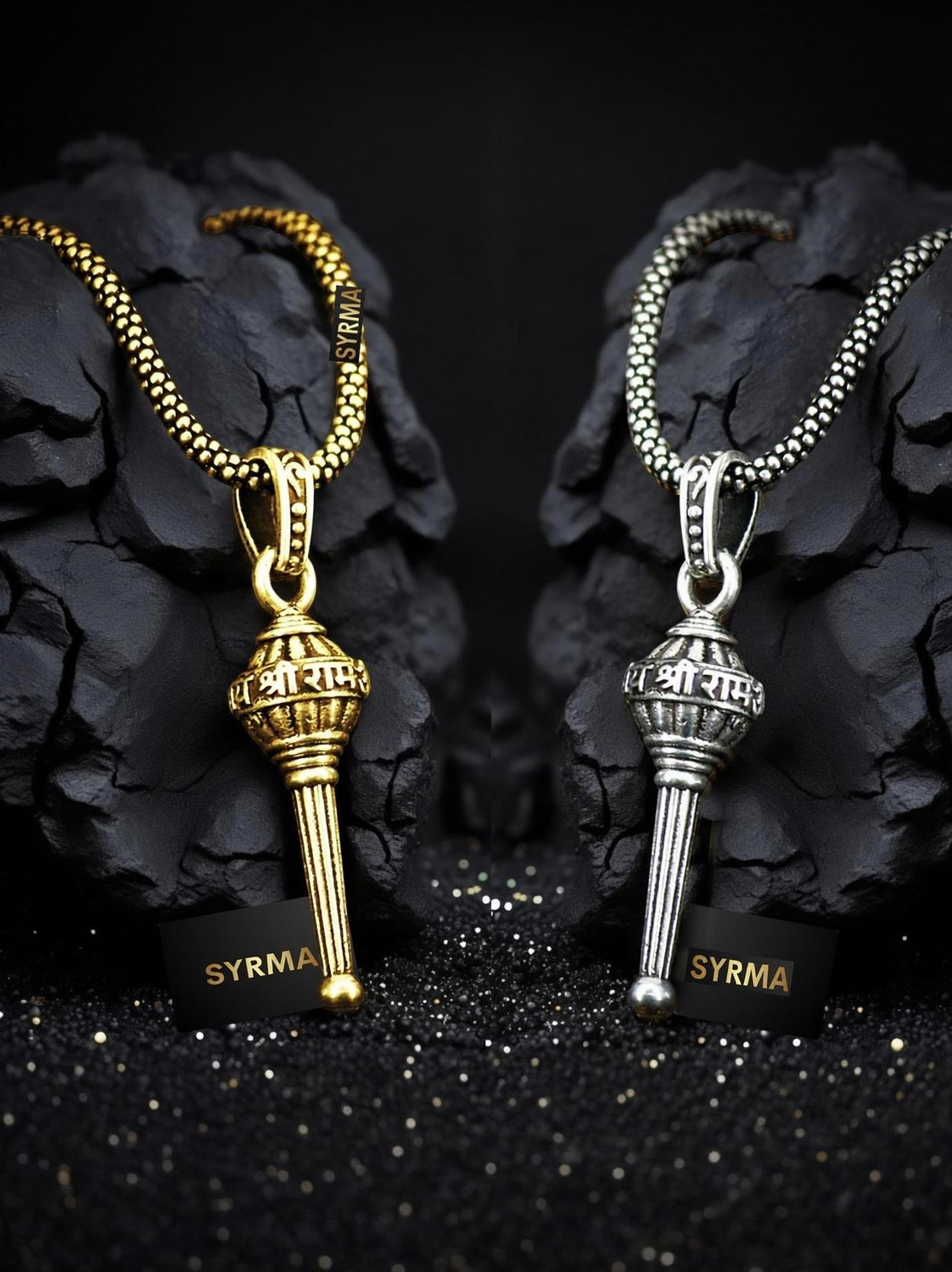 Image of syrma Jai Shree Ram Hanuman Gada Pendant /Locket for Men and Women Silver, Gold-plated Stainless Steel Locket