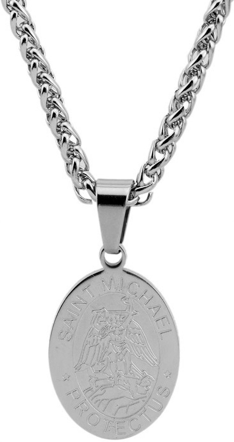 Image of MYKI Anti-Tarnish Saint Michael Oval Pendant - Silver Silver Stainless Steel Pendant