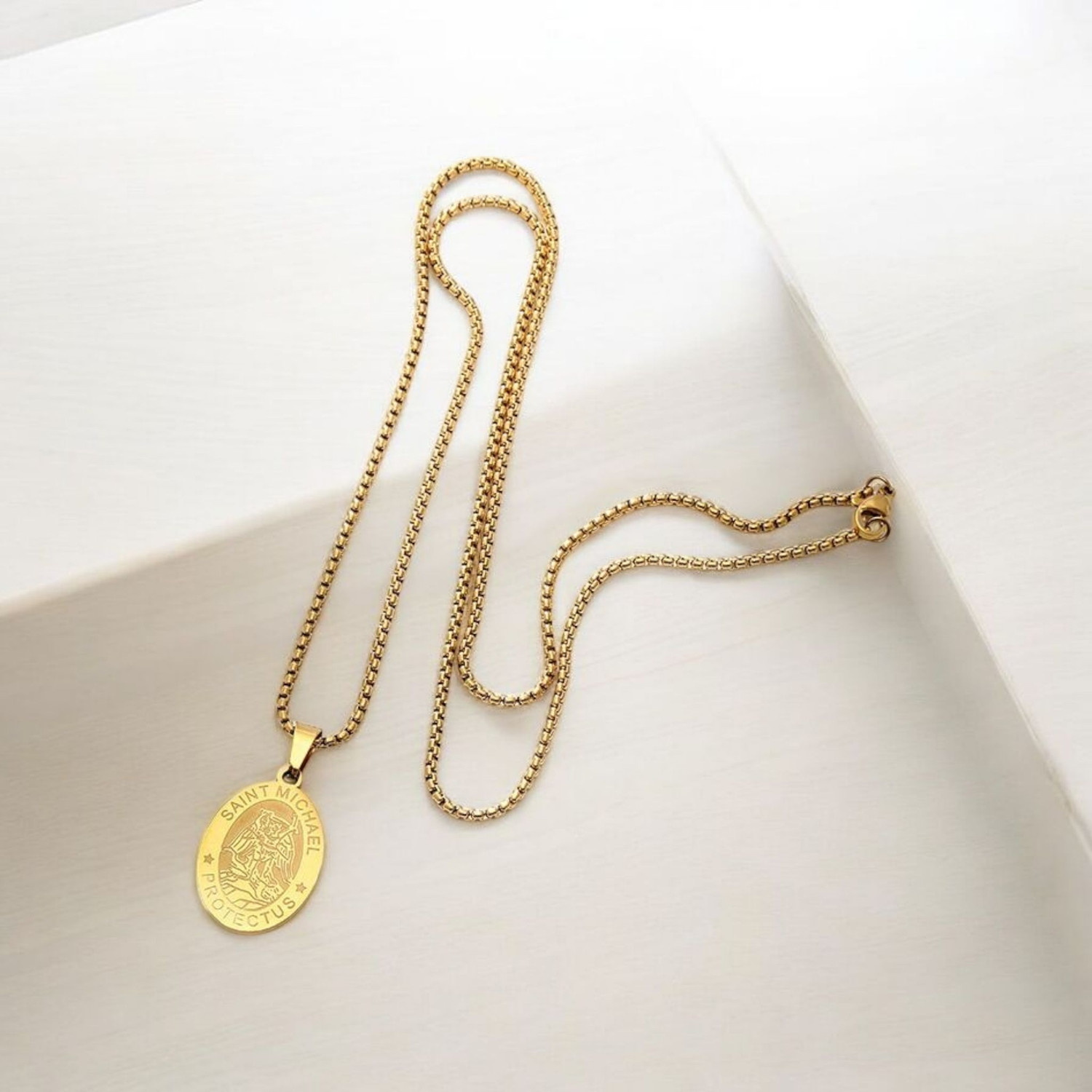 Image of MYKI Anti-Tarnish Saint Michael Oval Pendant - Gold Gold-plated Stainless Steel Pendant