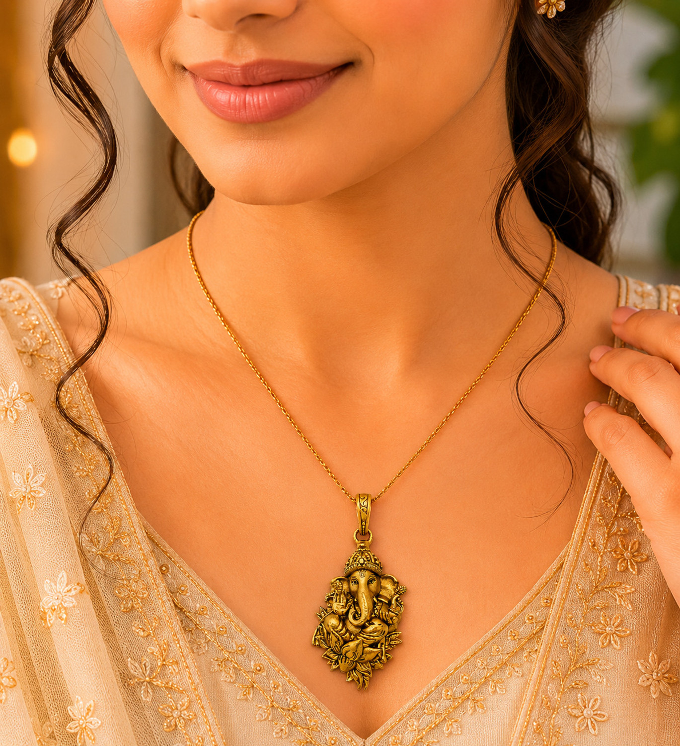 Image of AMRAT NAATH JEWELLERS Lord Ganesha Antique Gold Plated Brass Pendant for Men & Women(Unisex) Gold-plated Brass Locket