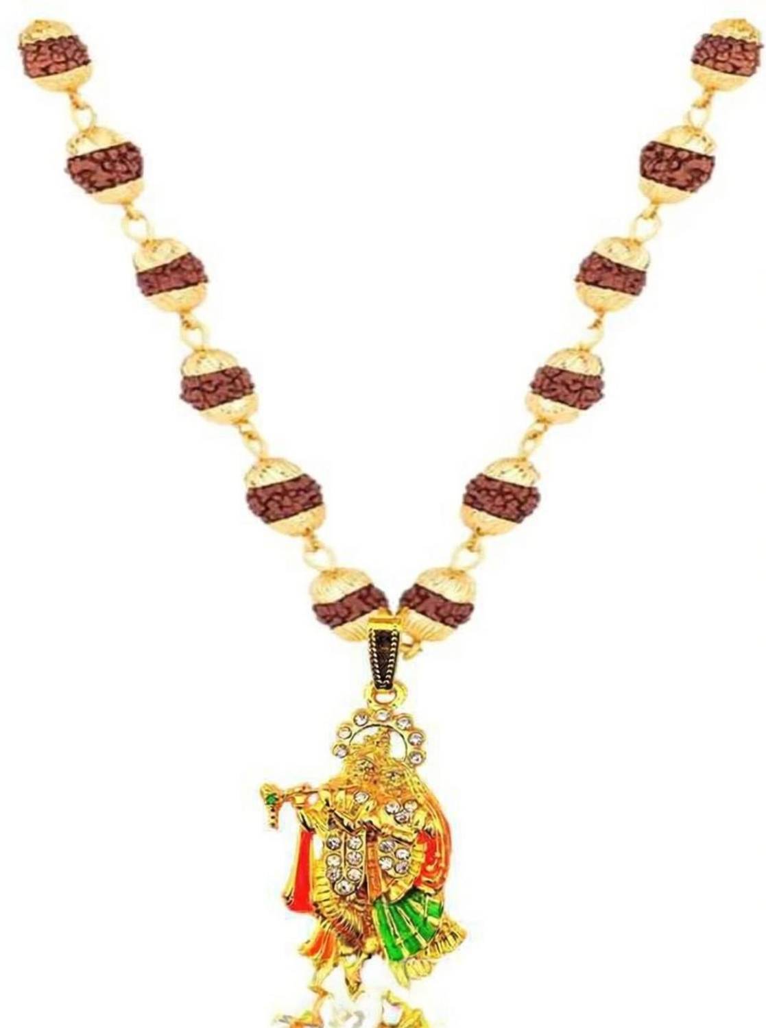 braj bazar Radha krishna Locket With Puchmukhi Rudraksha Mala Duble Color Combination Gold-plated Beads Brass Locket Set