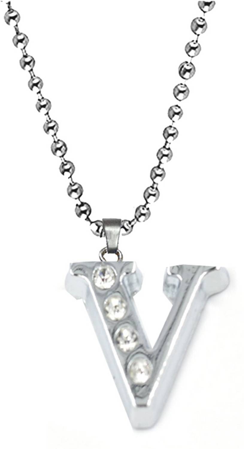 AFH Initial Charms Alphabet V Letter Diamond Pendant with Stainless Steel Ball Chain Silver Metal Pendant