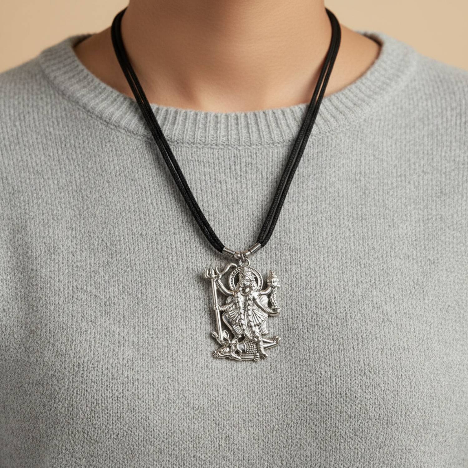 Abhiora Fashion Goddess Maa Kali Mahakali Silver Zinc Metal Pendnet Cord Chain for Men,Women Metal Pendant