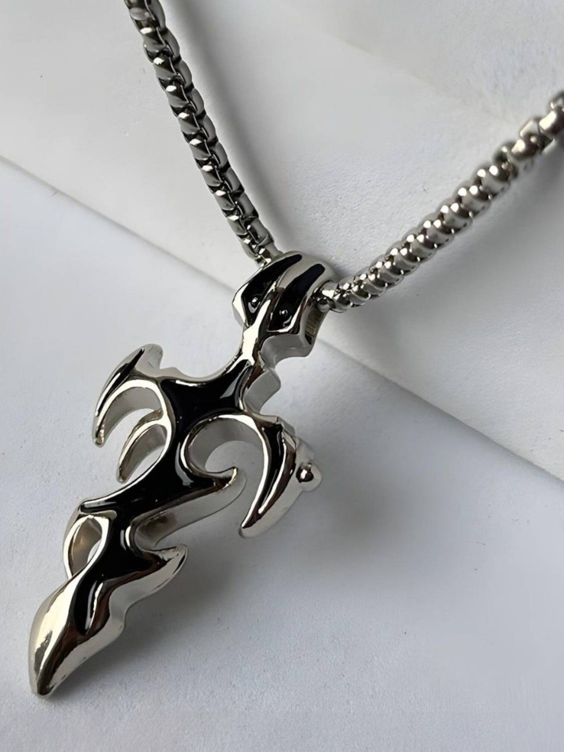 KURMASHOP Stainless Steel Flame Sword & Cross Pendant Necklace