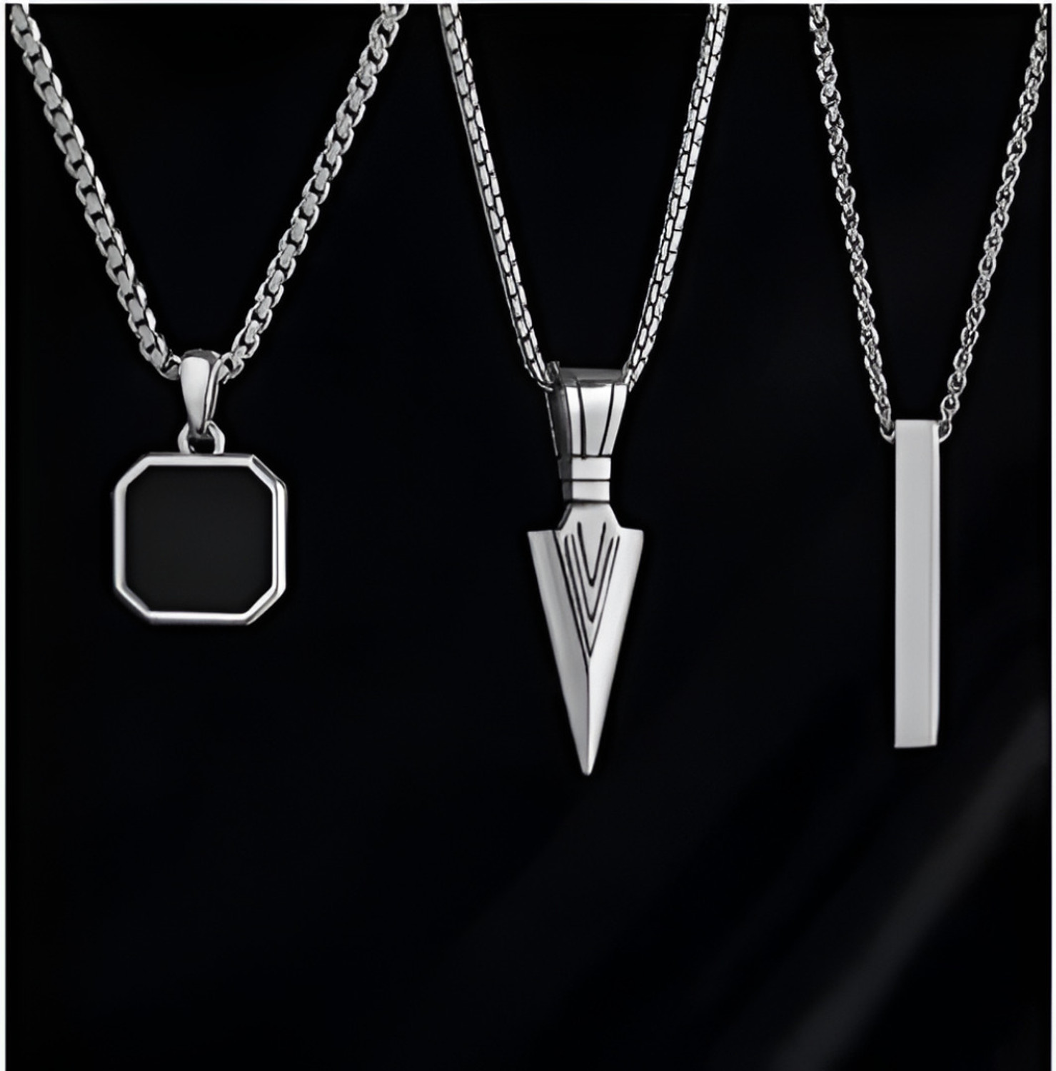 Image of GanPatique (Combo Of 3)- Men's Stainless Steel Pendant Necklace Set | Boys Chain Locket. Rhodium Stainless Steel Pendant Set