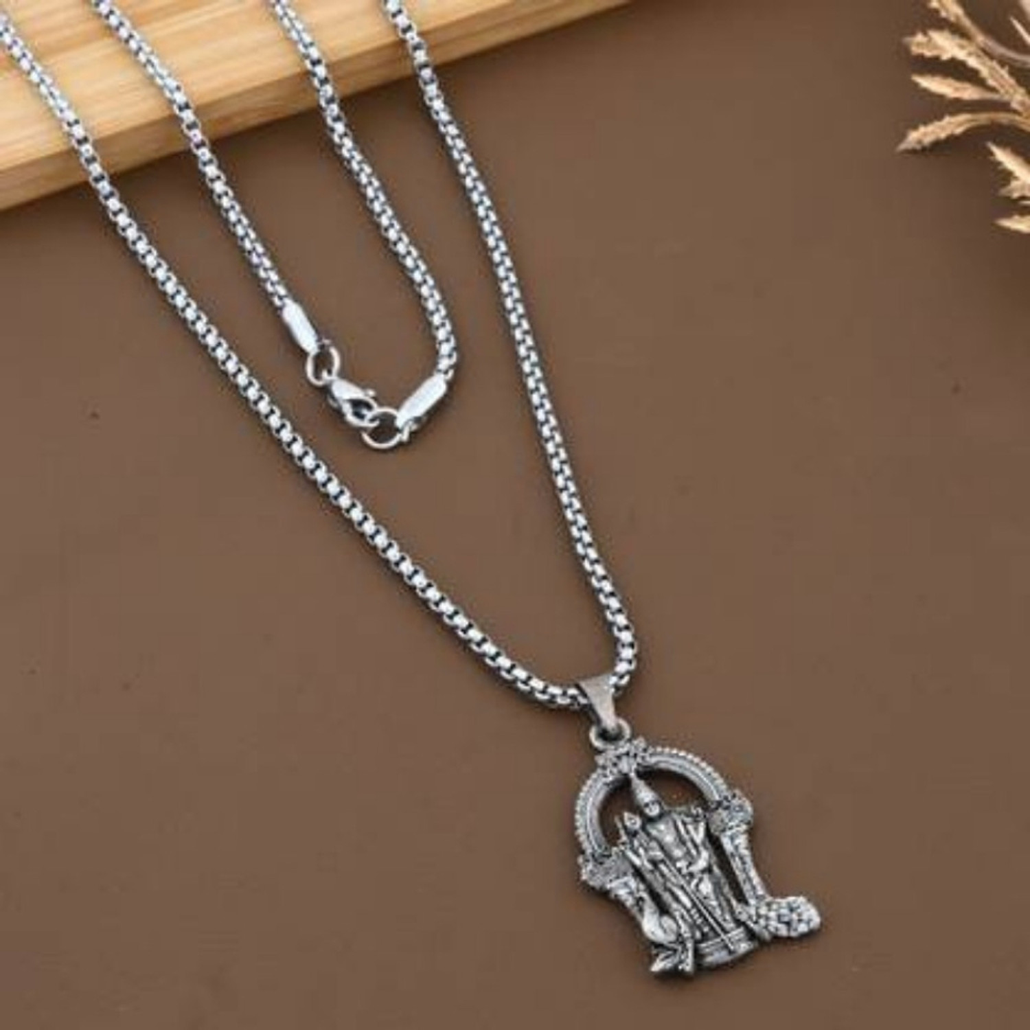 Image of Growola Oxidised Silver-Plated Murugan Pendant Chain for Men & Women Rhodium Brass Pendant Set