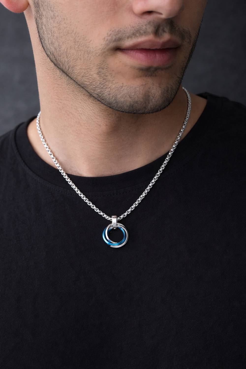Ridhvik Men’s Dual Ring Blue Pendant Necklace - Image 3
