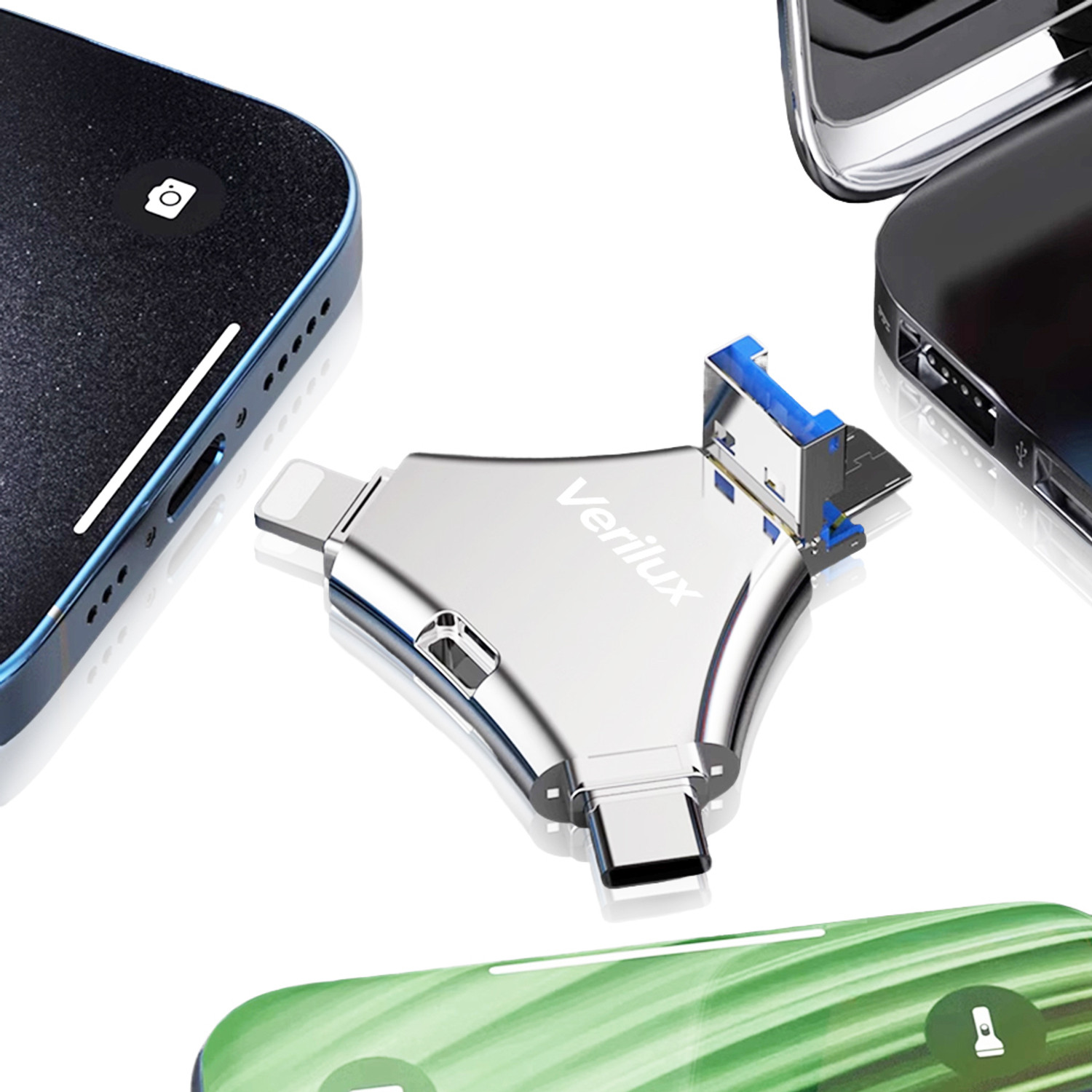 Image of Verilux 4 in 1 64GB Flash Drive USB TypeC Micro USB Lightning OTG for iPhone Android PC 64 GB OTG Drive Compatible with Laptop USB 3.0 Metal Case