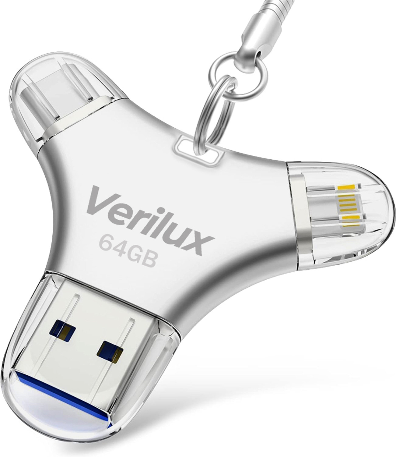Image of Verilux 4 in 1 64GB Flash Drive USB TypeC Micro USB Lightning OTG for iPhone Android PC 64 GB OTG Drive Compatible with Laptop USB 3.0 Metal Case