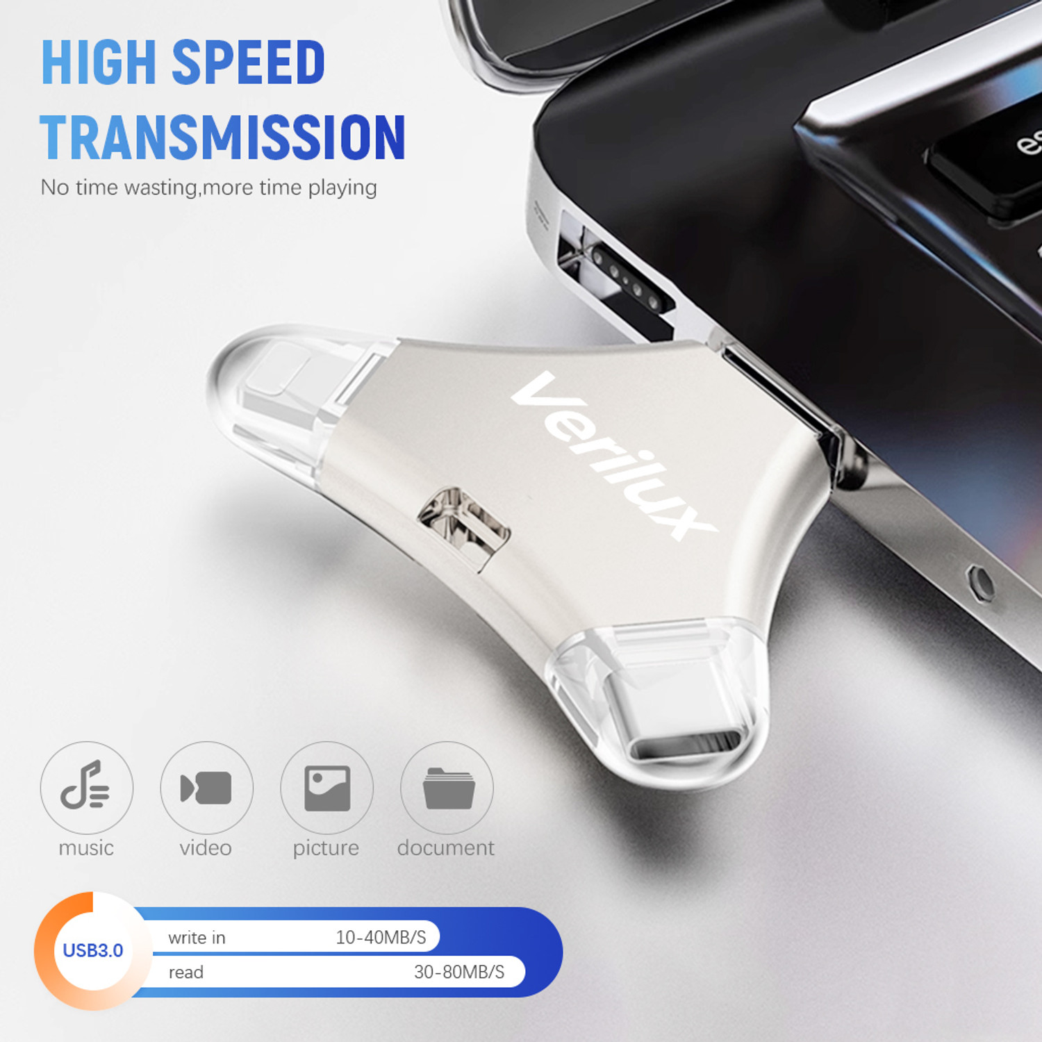 Image of Verilux 4 in 1 64GB Flash Drive USB TypeC Micro USB Lightning OTG for iPhone Android PC 64 GB OTG Drive Compatible with Laptop USB 3.0 Metal Case