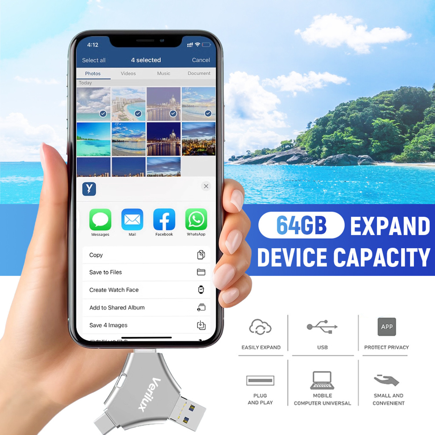Image of Verilux 4 in 1 64GB Flash Drive USB TypeC Micro USB Lightning OTG for iPhone Android PC 64 GB OTG Drive Compatible with Laptop USB 3.0 Metal Case