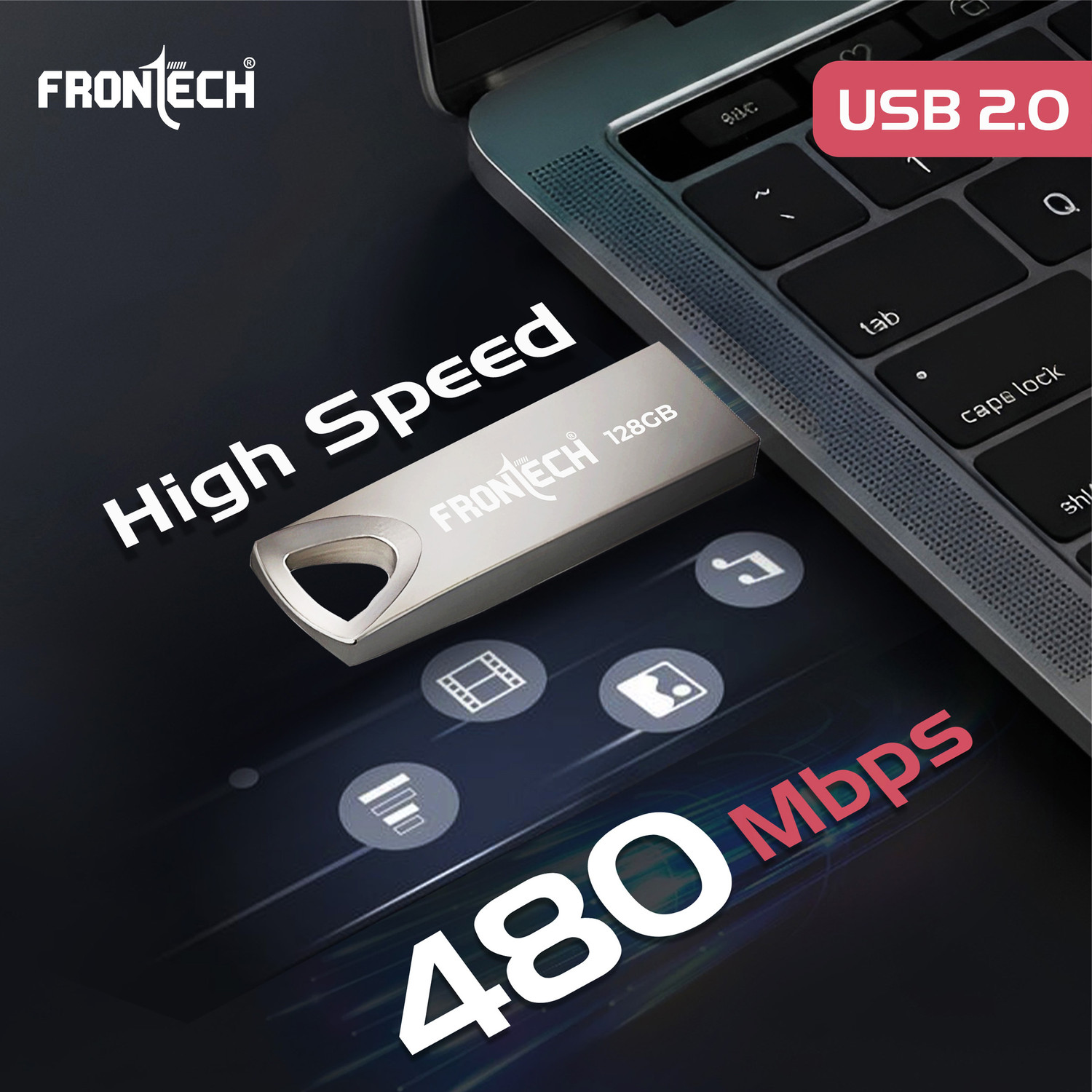 Image of Frontech 2.0 Flash Drive | 480 Mbps | High Speed | Wide Compatibility | Slim & Portable | 128 GB Pen Drive Compatible with Laptop, Desktop Computer USB 2.0 Metal Case (Grey)