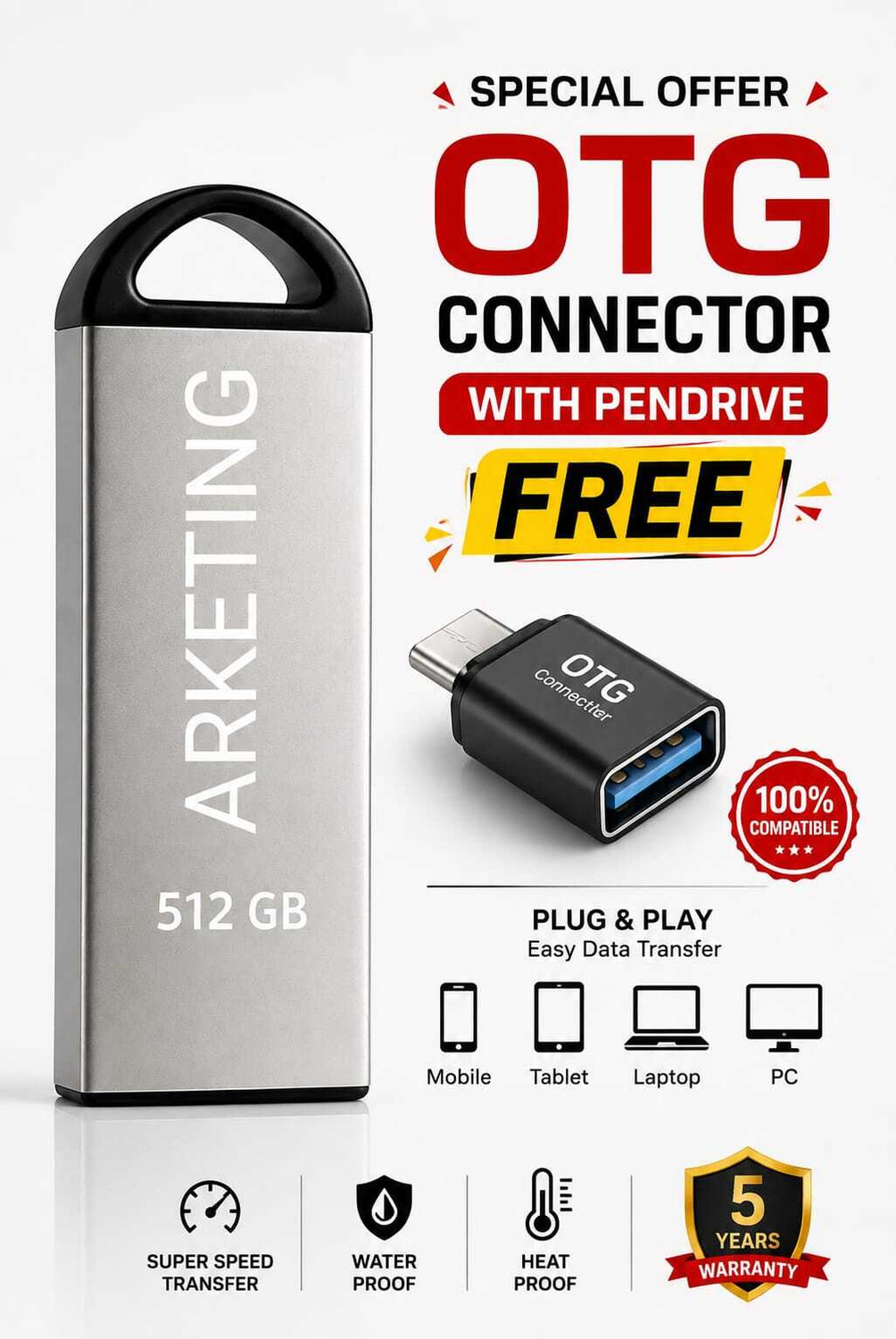 Image of ARKETING ARK-512-PD-013 512 GB Pen Drive Compatible with Audio Player, Desktop Computer, Gaming Console, Laptop, Mobile, Netbook, Tablet, Television USB 2.0, USB 3.0 Metal Case