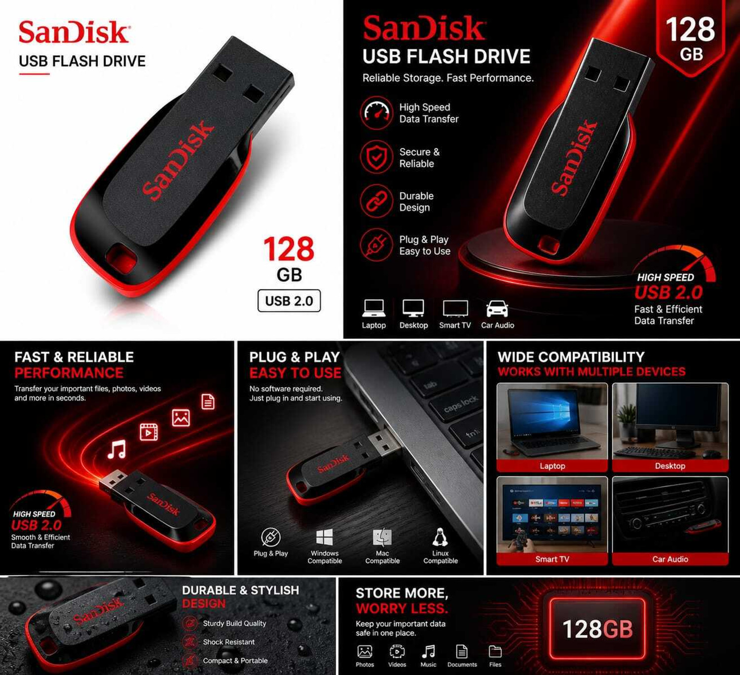 Image of SanDisk Cruzer Blade SDCZ50 128 128 GB Pen Drive Compatible with Audio Player, Desktop Computer, Gaming Console, Laptop, Mobile, Netbook, Tablet, Television USB 2.0 Plastic Case