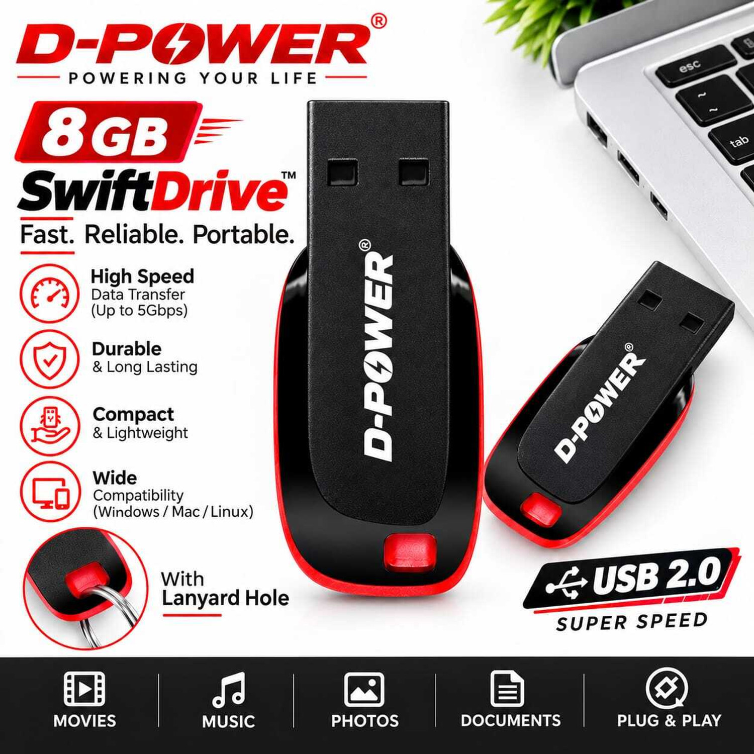 Image of DPower 8GB 8 GB Pen Drive Compatible with Audio Player, Desktop Computer, Laptop USB 2.0 Plastic Case