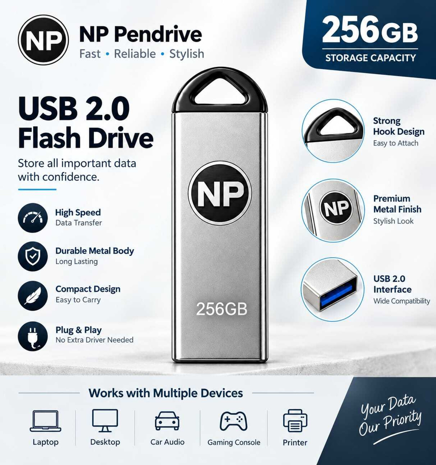 Image of NP 256GB PenDrive Super Quality 256 GB Pen Drive Compatible with Audio Player, Desktop Computer, Gaming Console, Laptop, Mobile, Netbook, Tablet USB 2.0 Metal Case (Silver)