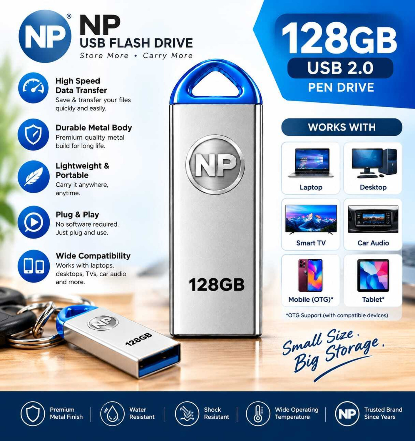 Image of NP 128GB PenDrive USB 128 GB Pen Drive Compatible with Audio Player, Desktop Computer, Gaming Console, Laptop, Mobile, Tablet, Television USB 2.0 Metal Case (Silver)
