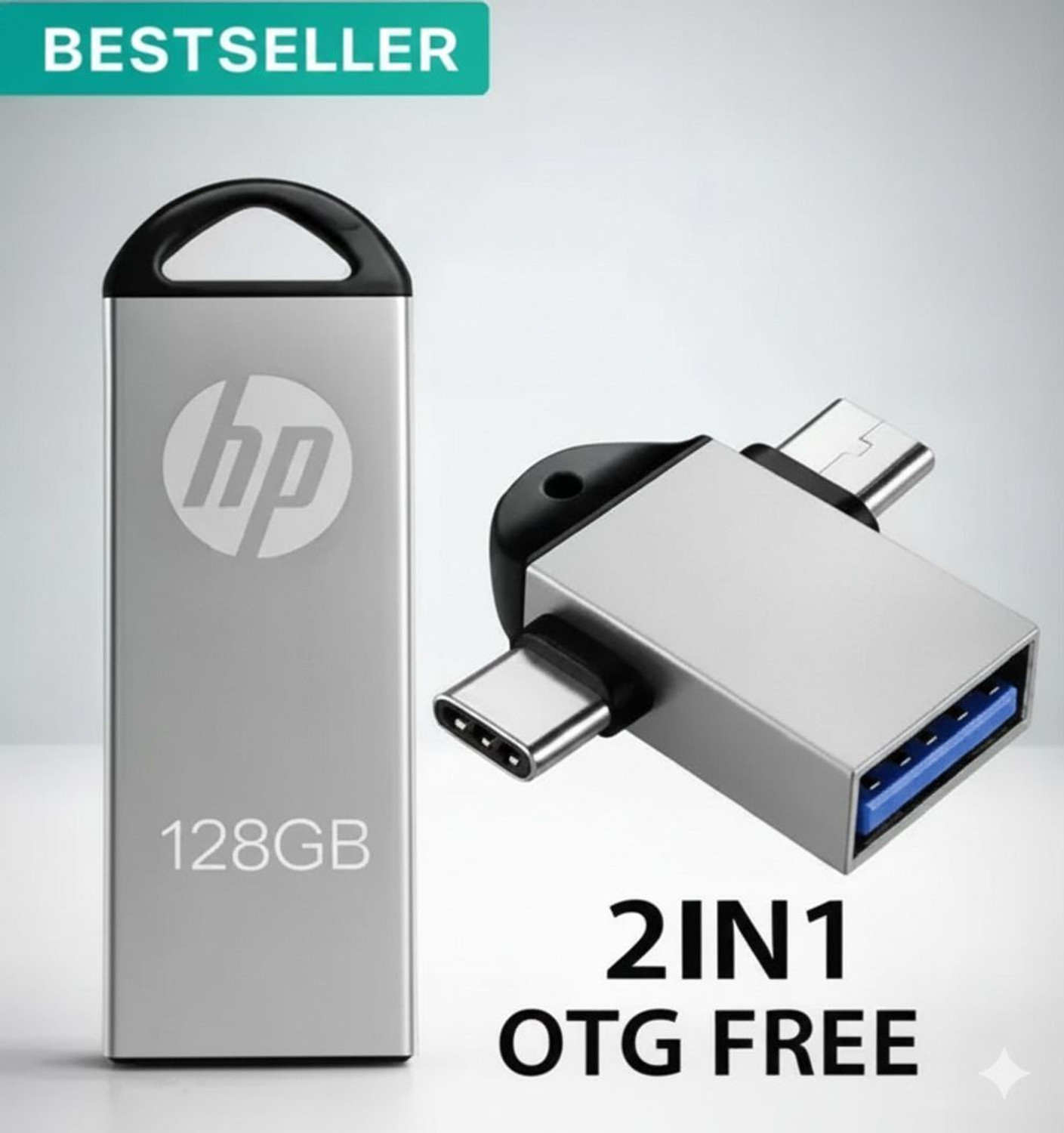 Image of HP 128GB with 2in1 OTG Free Connecter 128 GB Pen Drive 128 GB Pen Drive Compatible with Audio Player, Desktop Computer, Gaming Console, Laptop, Mobile, Tablet, Television USB 2.0 Metal Case