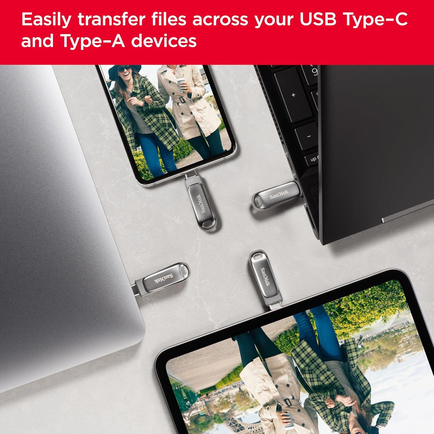 Image of SanDisk Ultra Dual Drive Luxe Type-C 128GB, OTG, Upto 400MB /s, Pendrive 128 GB OTG Drive Compatible with Mobile, Desktop Computer, Laptop, Tablet USB 3.2 Metal Case (Silver, Type A to Type C)