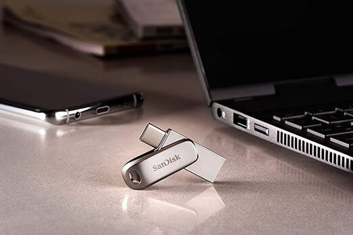 Image of SanDisk SDDDC4-128G-I47PD 128 GB OTG Drive Compatible with Laptop, Desktop Computer, Audio Player, Mobile, Tablet, Netbook, Gaming Console, Television USB 3.2 Metal Case