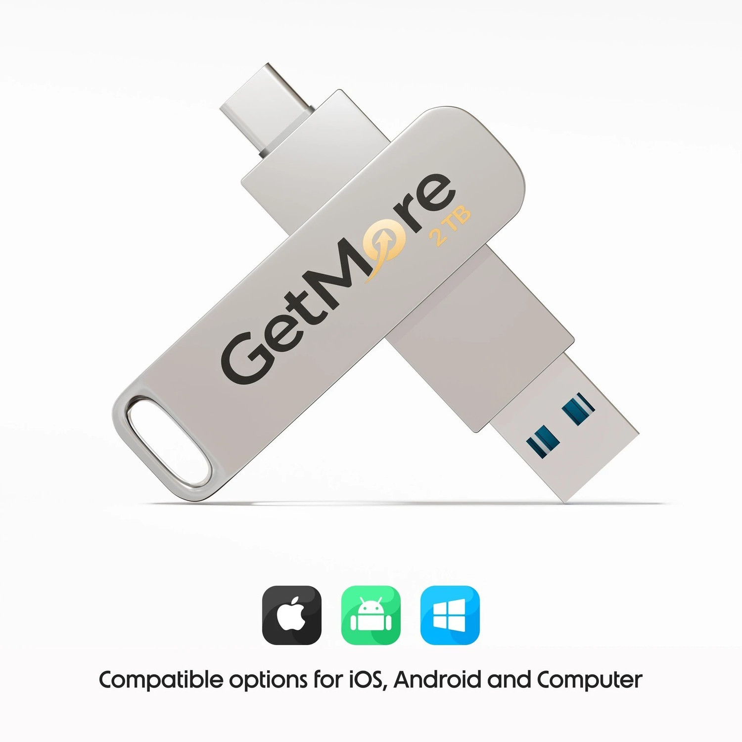 Image of Getmor mobile storage type-C & USB type-A 2 TB OTG Drive Compatible with Desktop Computer, Laptop, Mobile, Television, Audio Player USB 3.0 Metal Case (Silver, Type C)