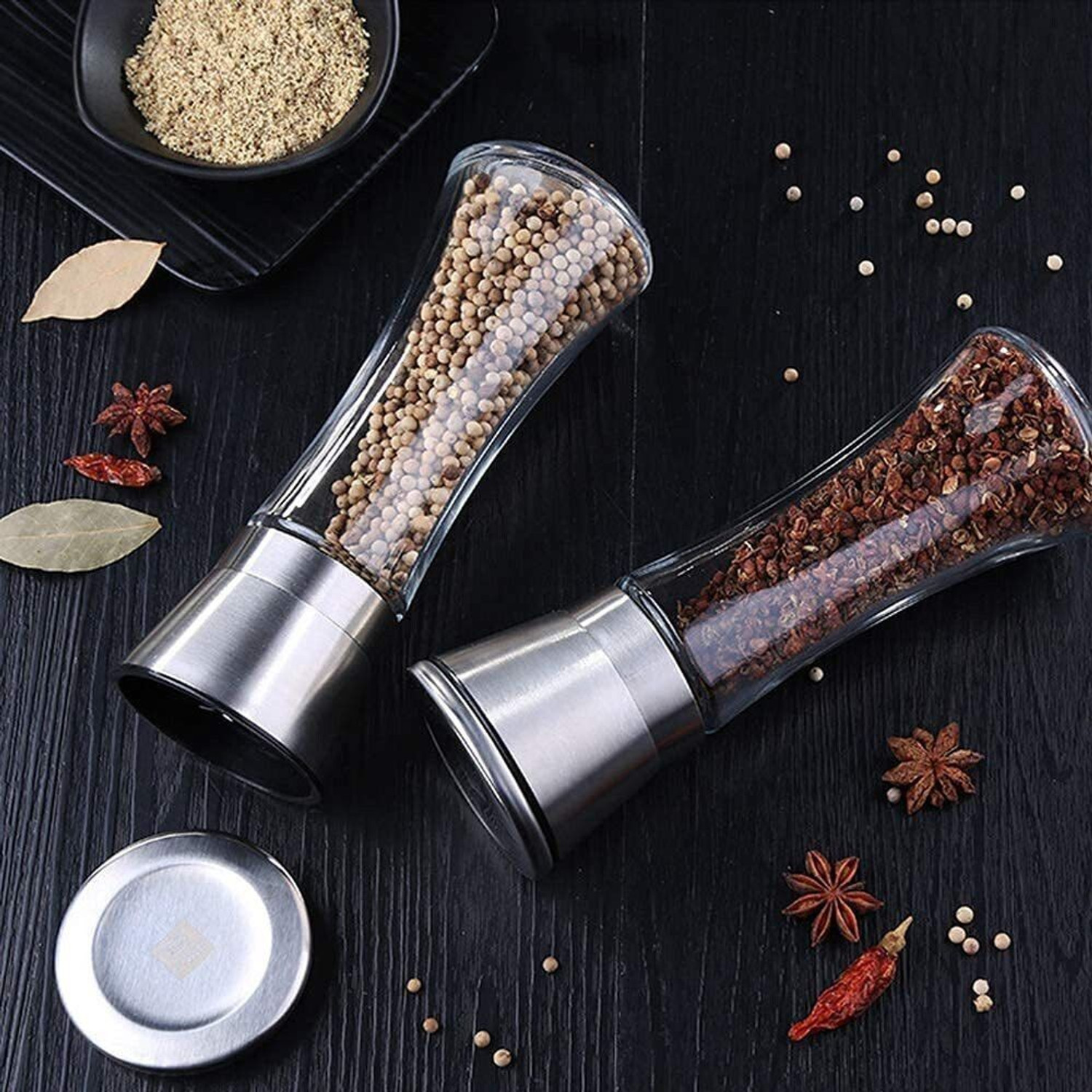 Image of Baskety Pepper Grinder Glass Salt or Pepper, Set of 2 Big Glass Squeeze Mill