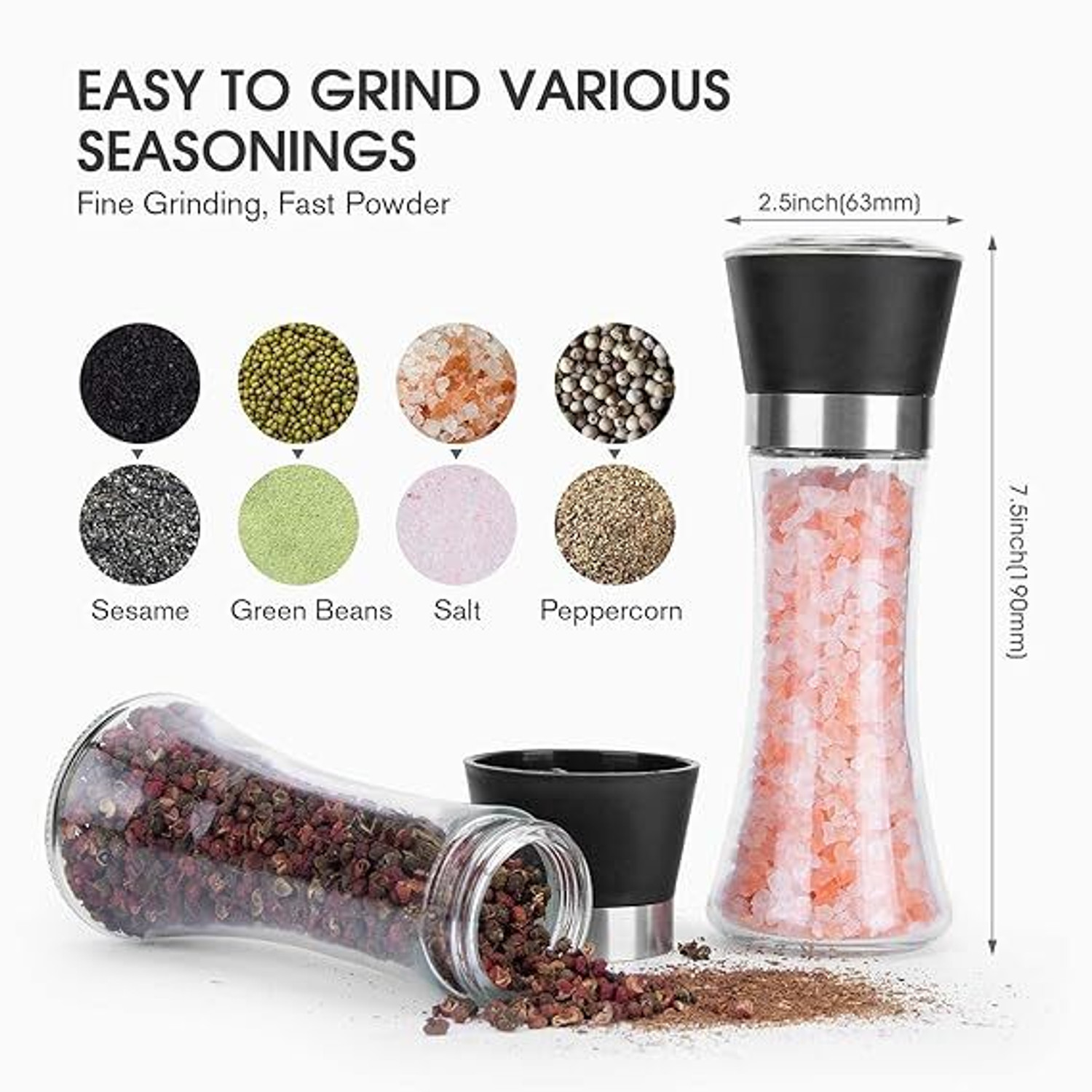 Image of LAKSHMINARAYAN SALES salt Pepper Bottle Mill Shaker with Adjustable Ceramic Blades for Coarseness Glass Traditional Pepper Mill