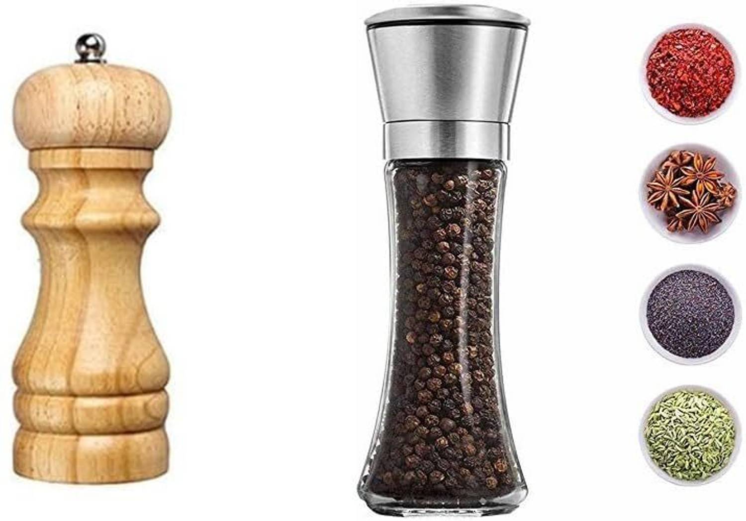 AKSHAR4u Traditional Wooden & Glass Combo Salt & Pepper Grinder Pepper Crusher Mixer Mill Plastic Traditional Pepper Mill