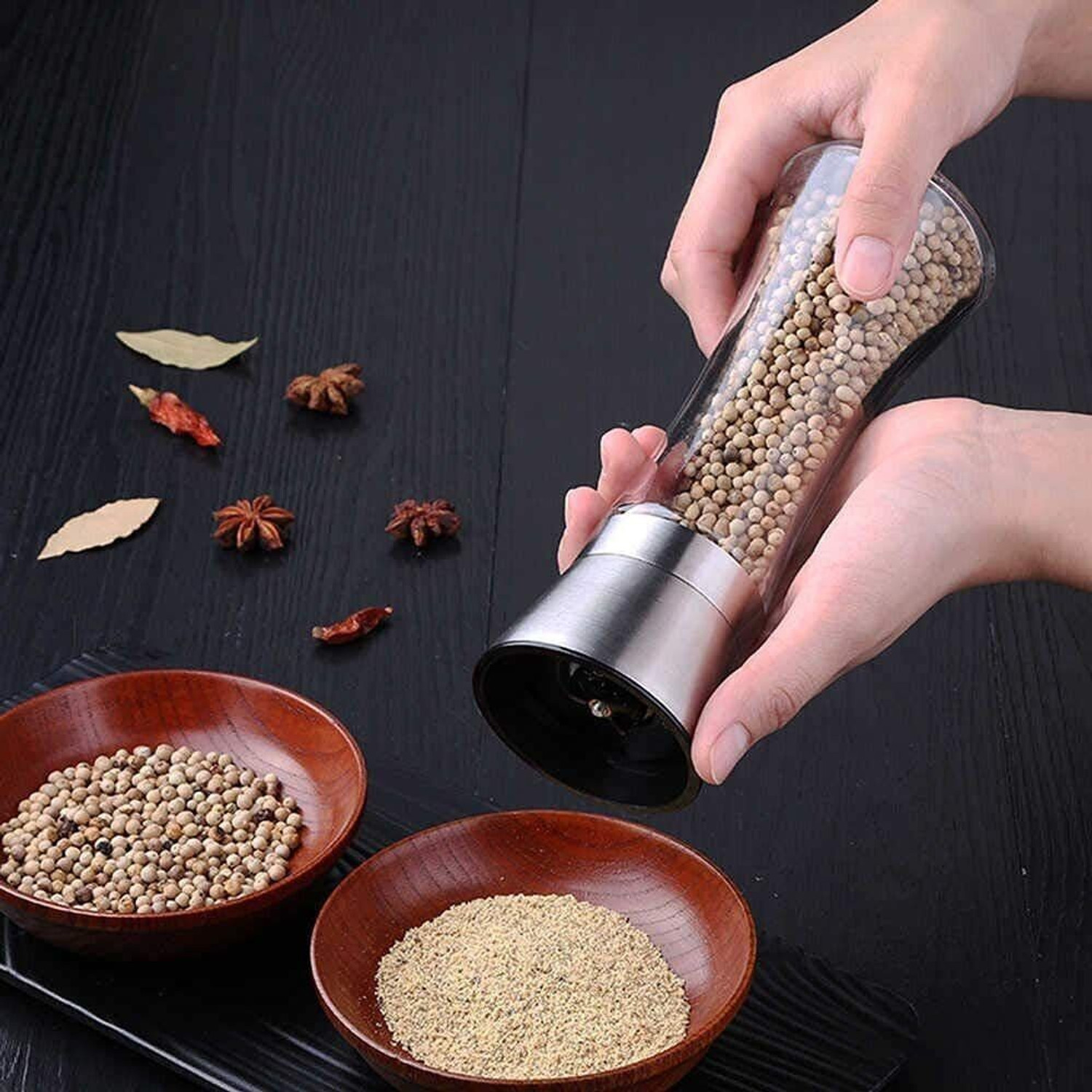 Image of Baskety Pepper Grinder Glass Salt or Pepper, Set of 2 Big Glass Squeeze Mill